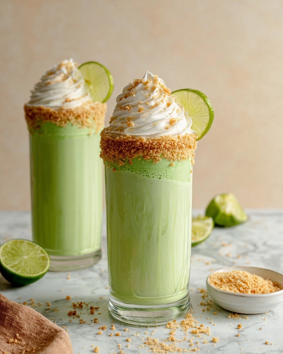 Two tall clear glasses hold a green creamy drink with a smooth texture. Each glass has a crumbly tan crust around the rim. On top of the green drink is a swirl of white whipped cream sprinkled with small toasted crumbs. A thin slice of lime with bright green edges and light yellow-green inside is placed against the whipped cream on one glass. The glasses are on a white marbled surface with scattered crumbs and lime pieces around. A small white bowl filled with crumbs is near the front right. The background is a soft, neutral beige color. photo taken with an iphone --ar 4:5 --v 7