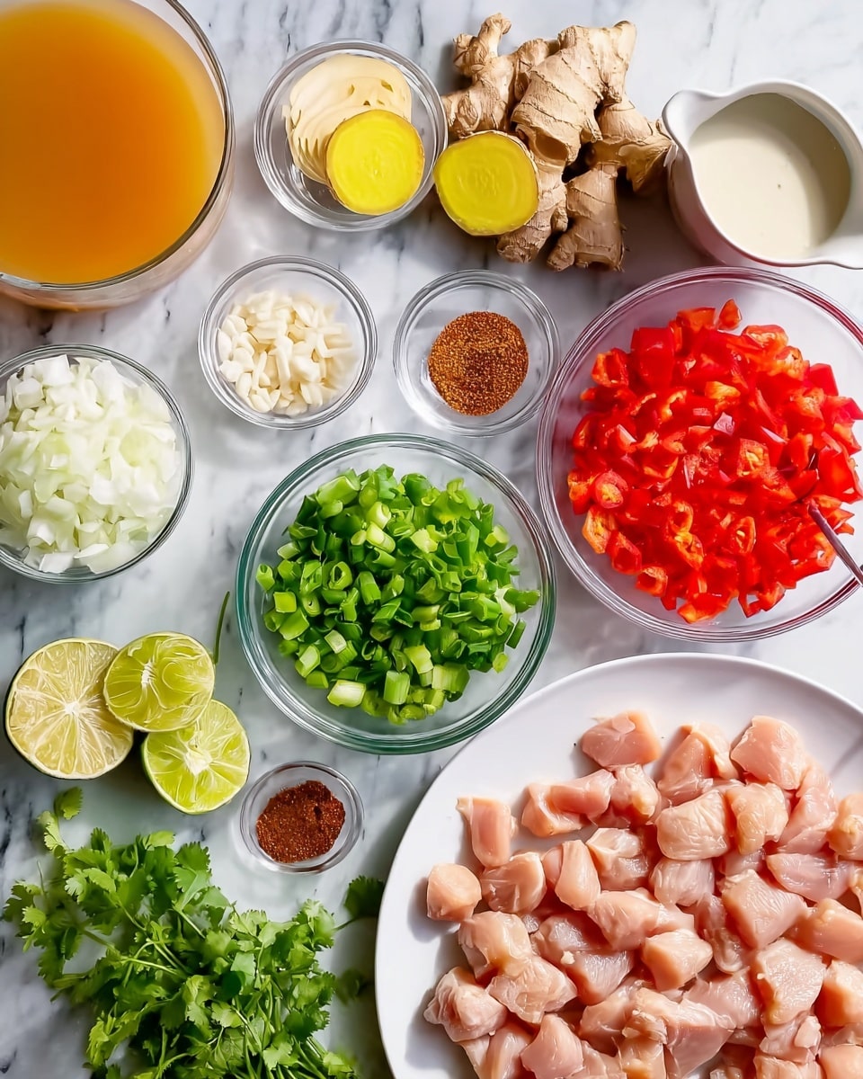 A top view of various ingredients arranged neatly on a white marbled surface. In the bottom right, a large white plate holds many small pieces of raw light pink chicken. Above that plate, fresh ginger roots with a sliced cross-section showing a bright yellow inside are placed. Near the center, a clear glass bowl contains bright red chopped bell peppers, and next to it is another clear bowl filled with chopped green onions. To the left, fresh green cilantro sprigs sit beside a halved lime, one piece showing its bright green juicy inside. Towards the top left, there is a bowl with white diced onions. A medium glass bowl with light brown spice powder, a smaller bowl with dark reddish-brown paste, and a small jug of creamy white liquid are placed towards the top. At the bottom left, a large container holds orange-colored broth, and white thin noodles rest next to some garlic cloves. The whole scene is clean and well-lit, photo taken with an iphone --ar 4:5 --v 7