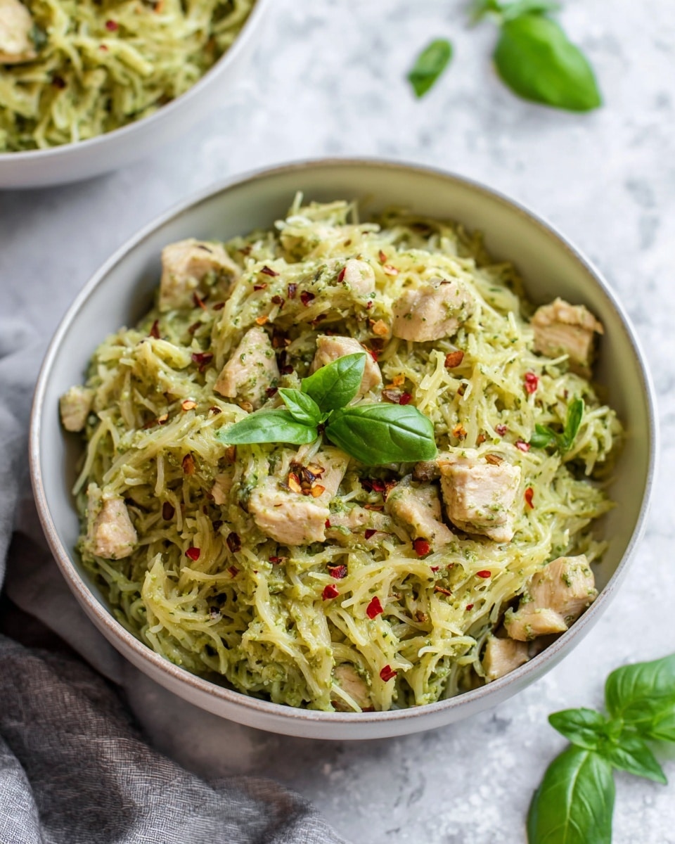 A white bowl filled with two main layers: the bottom layer is shredded pasta-like strands covered in a light green pesto sauce, with a slightly creamy texture; the top layer has bite-sized pieces of light brown cooked chicken mixed evenly with the pasta and sauce, sprinkled with small red flakes for spice and garnished with fresh green basil leaves on top. The bowl sits on a white marbled texture surface with scattered green basil leaves nearby and a soft grey cloth partially visible to the side, photo taken with an iphone --ar 4:5 --v 7