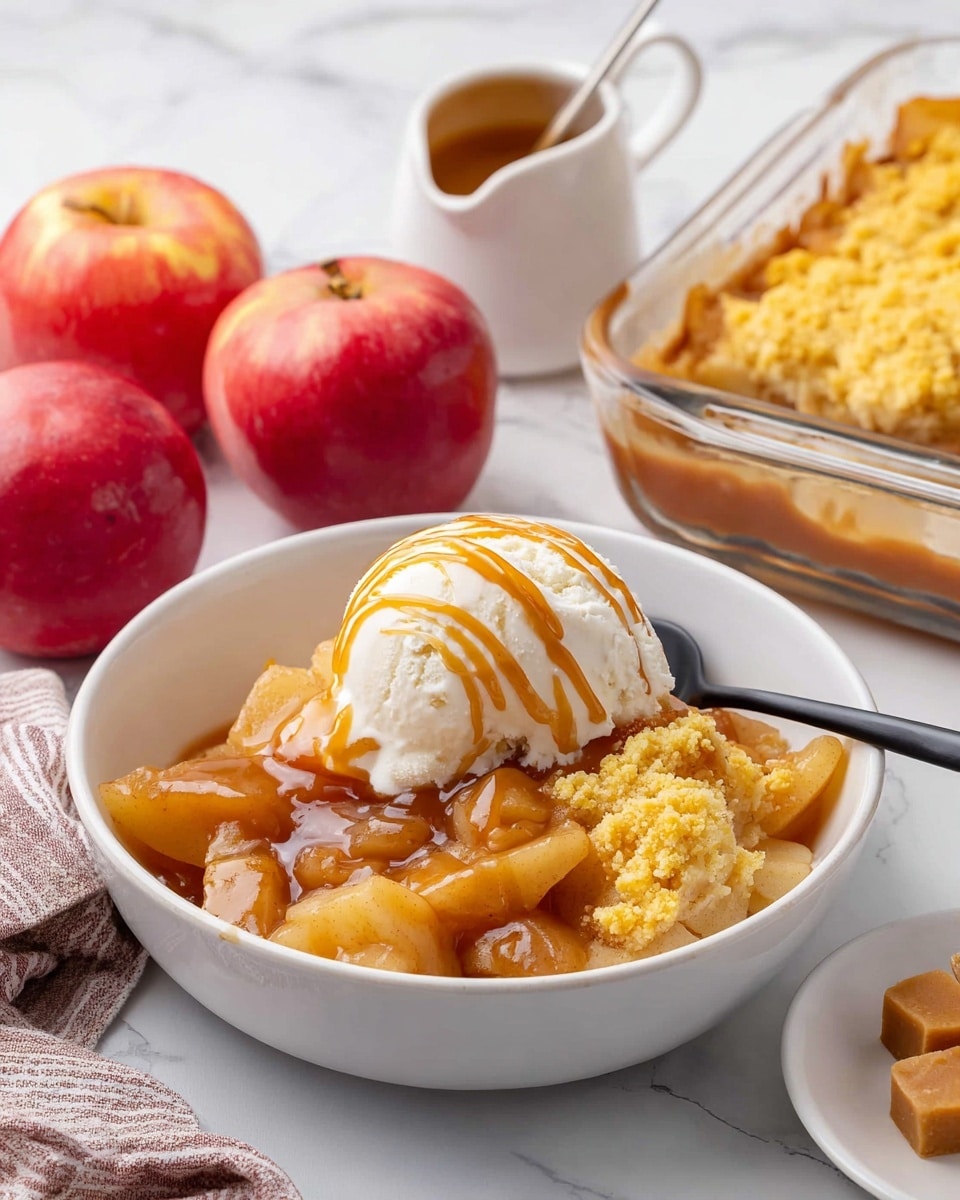 The image shows a white bowl with three main layers: the bottom layer is soft, cooked apple pieces covered in a shiny caramel sauce with a light brown color, the middle layer is a crumbly, golden-yellow baked topping, and on top is a smooth white scoop of vanilla ice cream drizzled with caramel sauce. A black spoon rests inside the bowl. In the background, there is a clear glass baking dish with the same baked topping, a white pitcher with more caramel sauce, two red apples, and a small white plate with caramel pieces, all placed on a white marbled surface. photo taken with an iphone --ar 4:5 --v 7