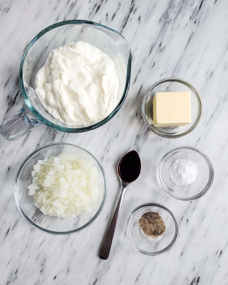 The image shows five clear glass containers on a white marbled surface. The top left container is a large measuring cup filled with smooth, white sour cream. Below it to the left is a medium bowl filled with finely chopped white onions. To the right of the onions is a long metal measuring spoon filled with thick, dark soy sauce. Above that spoon is a small glass bowl holding a square piece of light yellow softened butter. Next to the butter bowl on the right is a small glass bowl containing a mix of white salt, black ground pepper, and light brown garlic powder, arranged in separate sections. Photo taken with an iphone --ar 4:5 --v 7