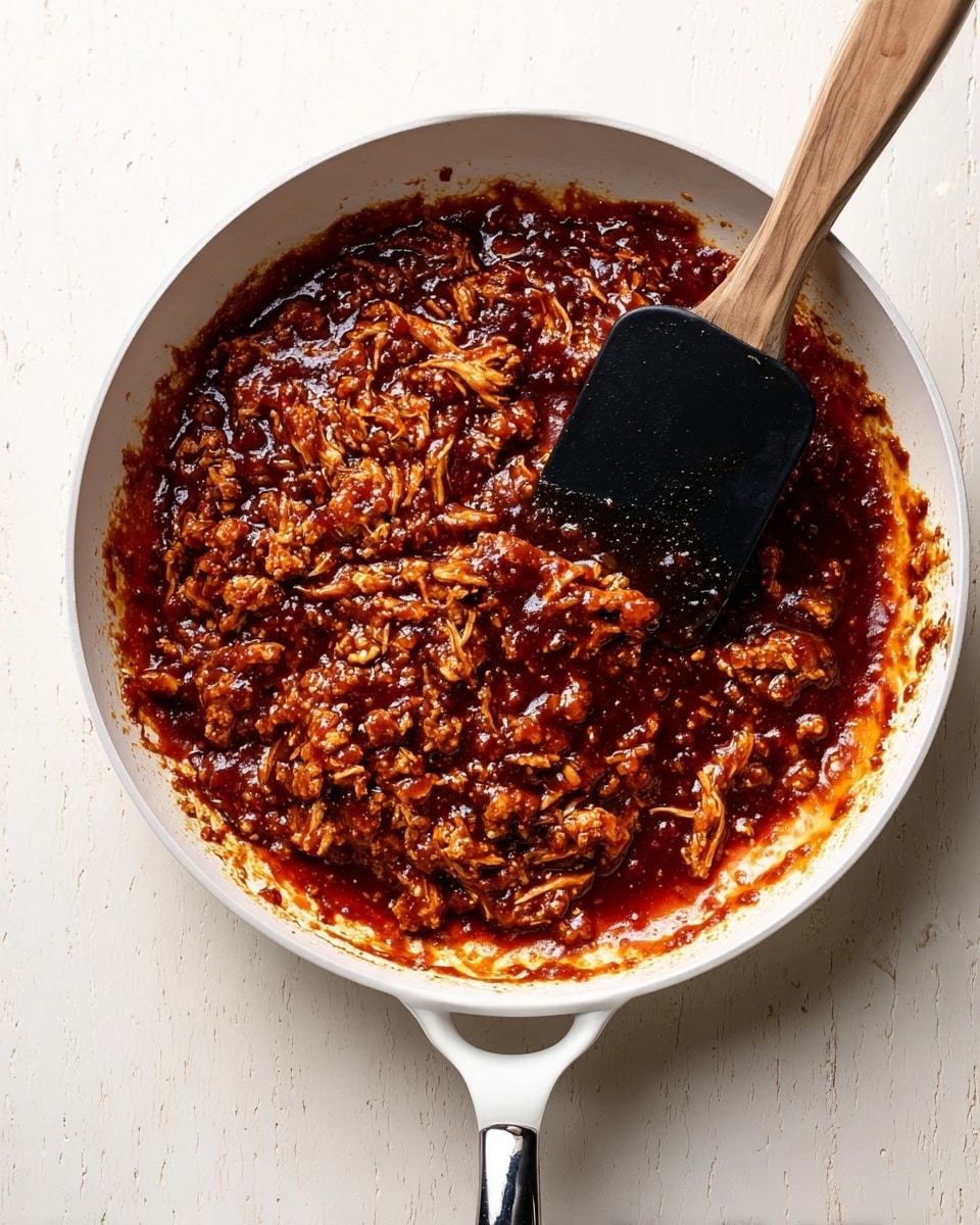 A white skillet filled with a thick, dark red sauce mixed with shredded light brown meat and small pieces of translucent cooked onions, creating a rich textured dish. A black spatula with a wooden handle is partially dipped inside the skillet, coated with the glossy sauce, resting towards the right side. The skillet sits on a white marbled surface with subtle darker streaks visible under soft natural light. Photo taken with an iphone --ar 4:5 --v 7
