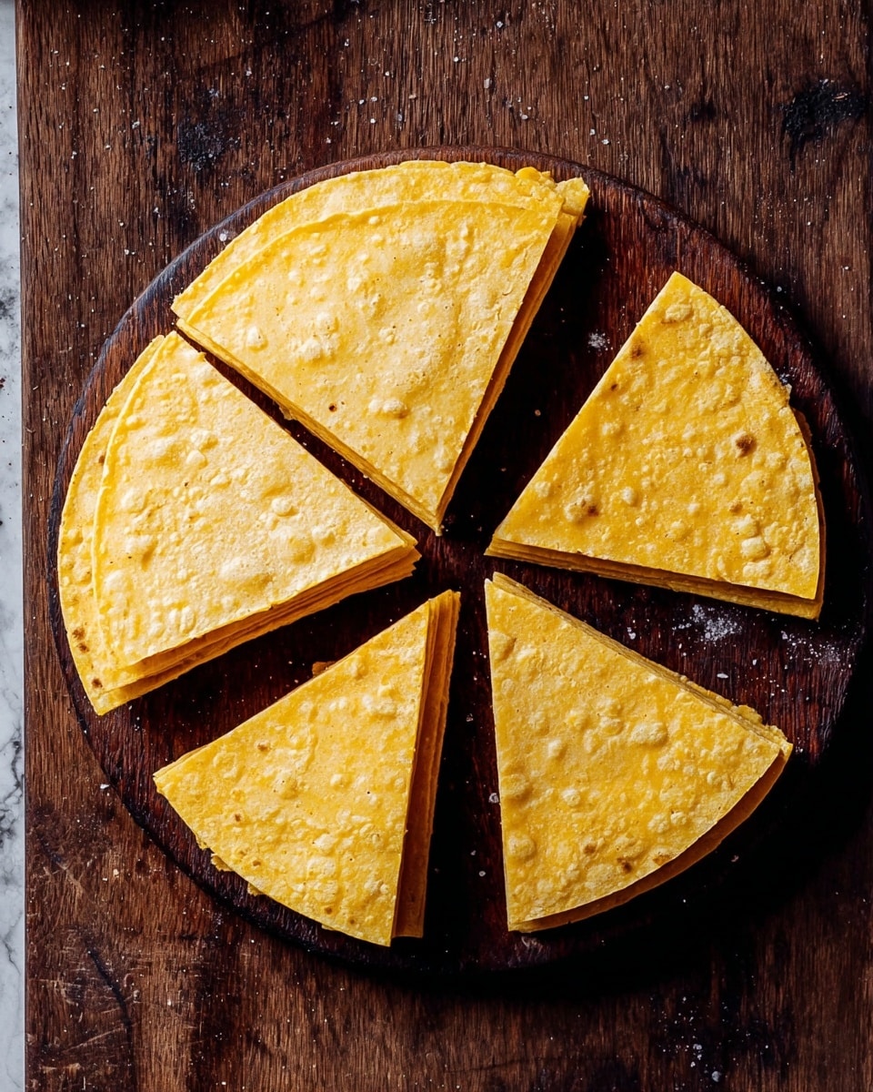 A stack of yellow corn tortillas cut into six triangle slices arranged in a circle on a dark wooden board, each slice showing multiple thin tortilla layers with a slightly crispy texture and small bubbles on the surface. The background is a white marbled texture. Photo taken with an iphone --ar 4:5 --v 7