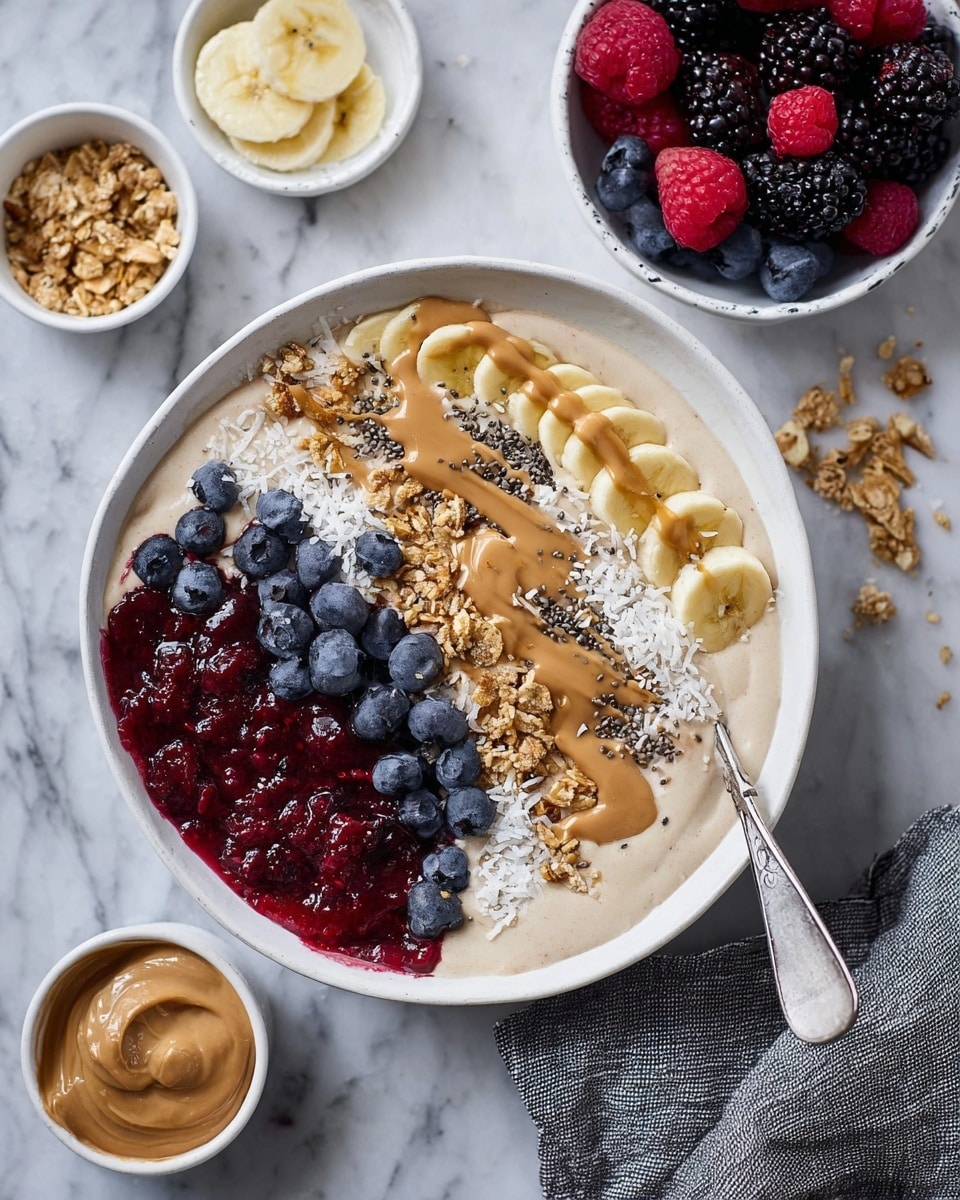 A white bowl filled with a creamy light beige smoothie base, topped with four distinct layers: on the top right, thin slices of yellow banana arranged in a straight row; below the banana, a chunky layer of golden granola; next to the granola, a mix of fresh blue blueberries, black blackberries, and red raspberries; to the left of the berries, a glossy dark red raspberry jam spread flatly. The bowl is drizzled with smooth light brown peanut butter over the berries and granola, sprinkled with tiny black chia seeds and white shredded coconut. A silver spoon rests inside the bowl on the right side. Around the bowl on a white marbled surface, there are small white dishes containing more round banana slices, creamy light brown peanut butter with a small white spoon, and dark red jam. To the top right, a white bowl holds more blueberries, blackberries, and raspberries. A textured gray napkin is placed near the bowl’s bottom right corner. photo taken with an iphone --ar 4:5 --v 7