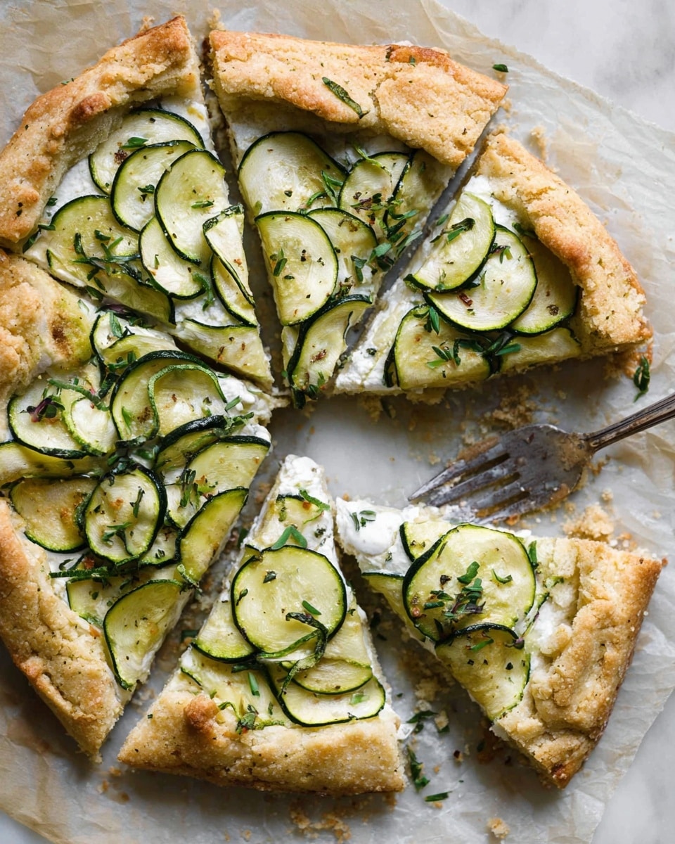 A round savory tart with a golden, rustic crust folded over the edges, divided into six uneven slices on parchment paper over a white marbled surface. The tart has a creamy white layer just beneath the crust topped with thin, overlapping green zucchini slices arranged in a circular pattern covering the surface. Small flecks of green herbs are sprinkled on top, adding texture and freshness. The crust looks crumbly and light brown with some darker toasted spots, and a fork is placed near the top right slice where some crust and filling are broken apart. photo taken with an iphone --ar 4:5 --v 7