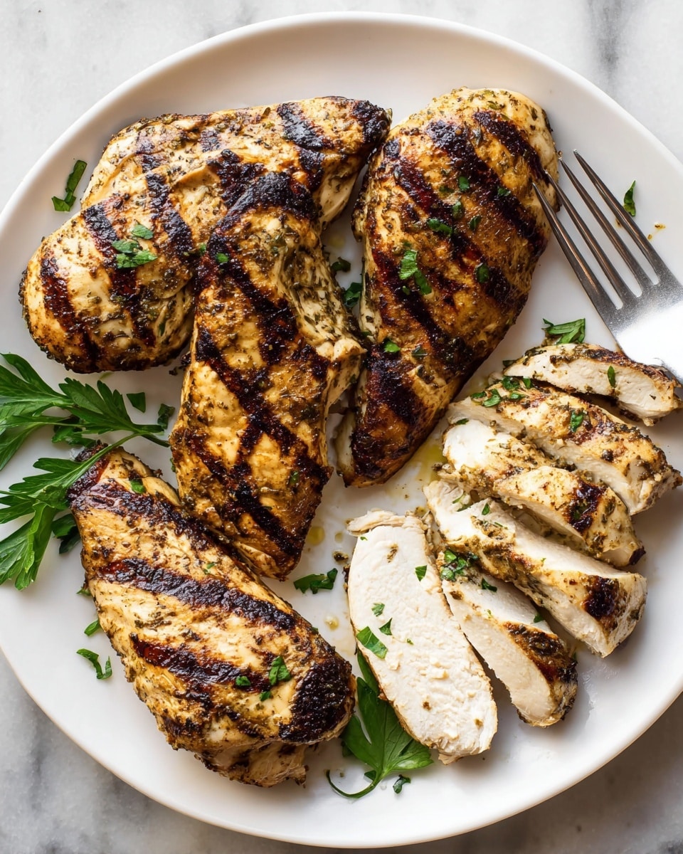 The image shows a white plate with five pieces of grilled chicken. Four of the pieces are whole, with clear dark brown grill marks and a golden-brown color mixed with herbs on the skin. One piece is cut into slices, revealing the juicy white inside. Small green herb pieces are sprinkled over the chicken. Fresh green parsley leaves decorate the edge of the plate. A fork rests under the sliced chicken on the right side. The plate sits on a white marbled surface photo taken with an iphone --ar 4:5 --v 7