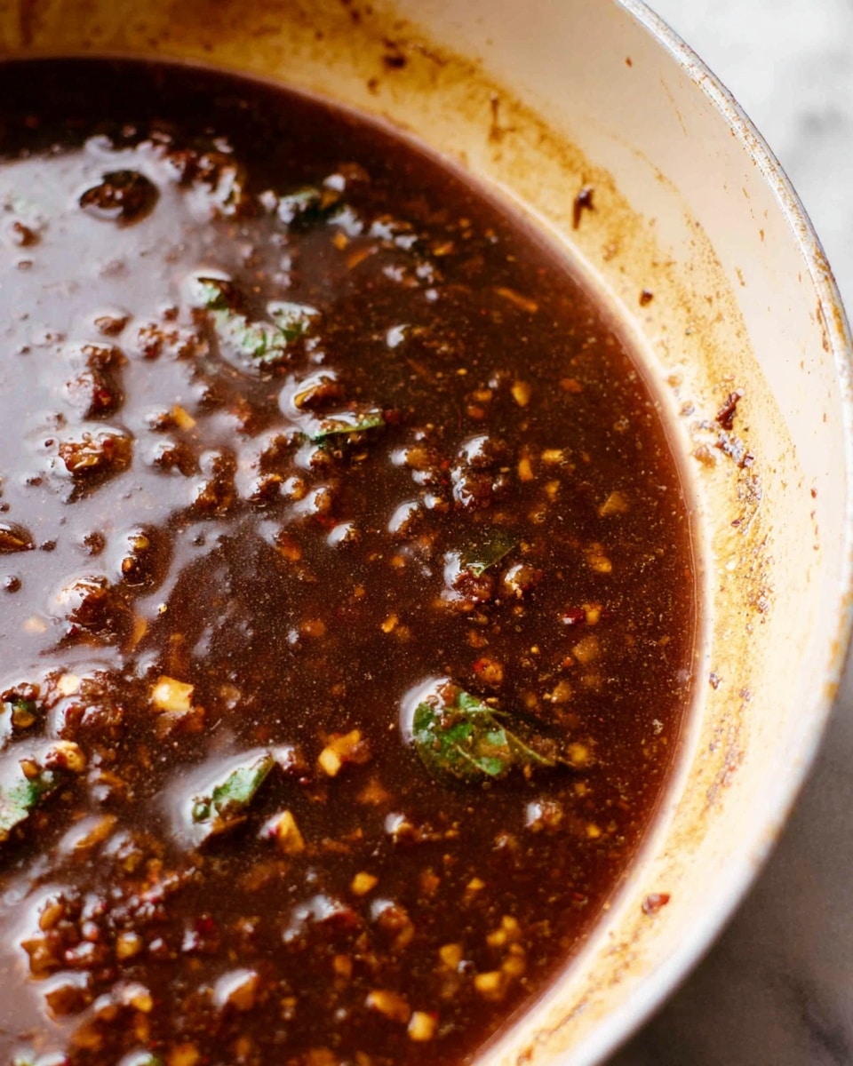 A close-up image of a light-colored pan filled with a thick, dark brown sauce that has small bits of herbs and spices scattered throughout. The sauce appears oily and shiny with a smooth yet slightly textured surface. Some green herb pieces float delicately in the rich sauce, which has a glossy appearance reflecting the light. The pan edges show a bit of residue from the cooking process. The background is a white marbled texture. photo taken with an iphone --ar 4:5 --v 7