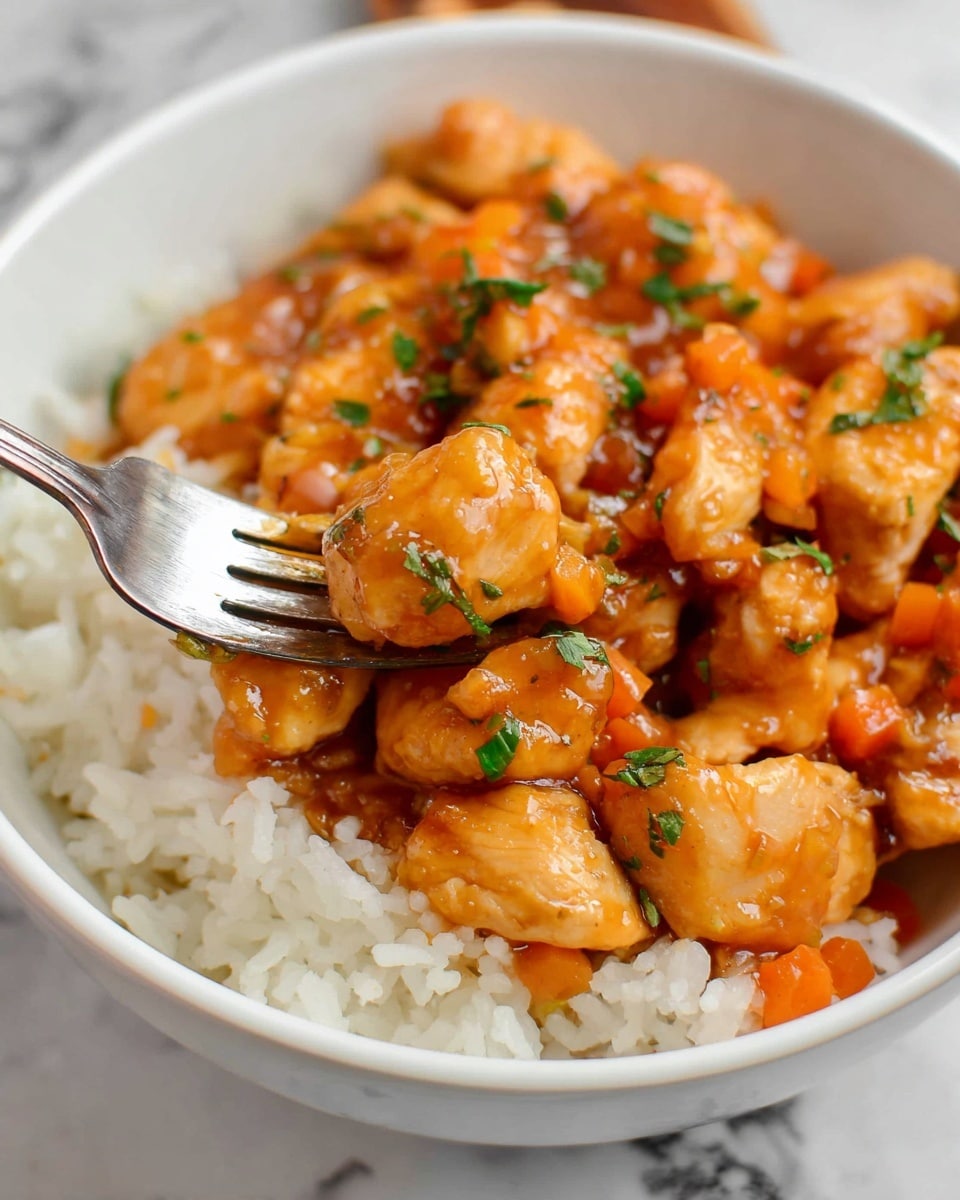 The image shows a white bowl filled with two layers: a base layer of white rice with visible separate grains, and on top, pieces of orange-glazed chicken mixed with small diced orange bell peppers. The chicken pieces are coated in a shiny, thick sauce and sprinkled with small green herb pieces, likely parsley or cilantro. A fork is scooping up some chicken and bell pepper pieces from the bowl. The bowl is set on a white marbled surface. Photo taken with an iphone --ar 4:5 --v 7