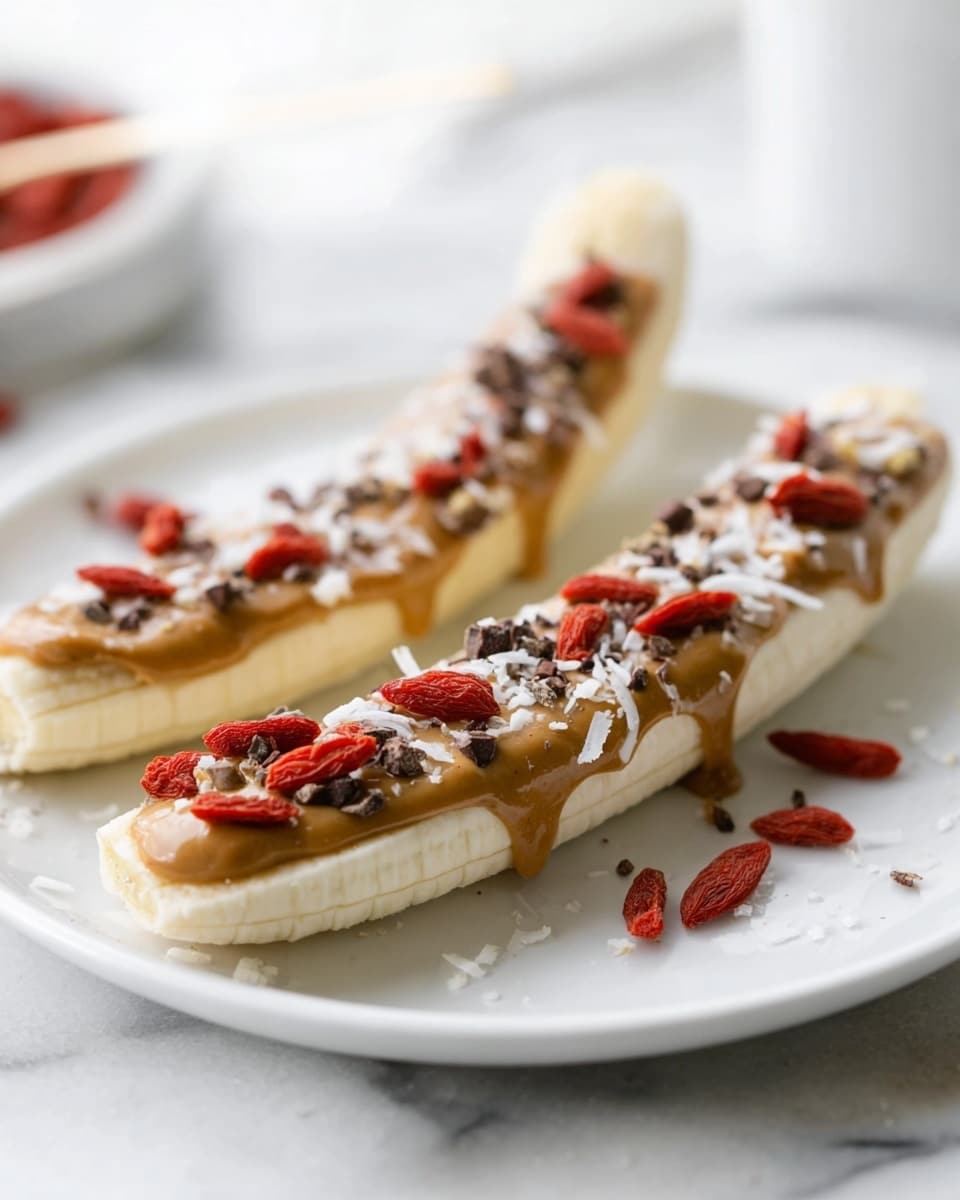 Two peeled banana halves lie side by side on a white plate that rests on a white marbled surface. Each banana half has a layer of smooth brown peanut butter spread on top, slightly dripping over the edges. Scattered on the peanut butter are small red dried goji berries, small dark brown cacao nibs, and thin white shredded coconut strands, all spread unevenly over each banana half. The background is softly blurred, drawing focus to the bananas in the front. photo taken with an iphone --ar 4:5 --v 7