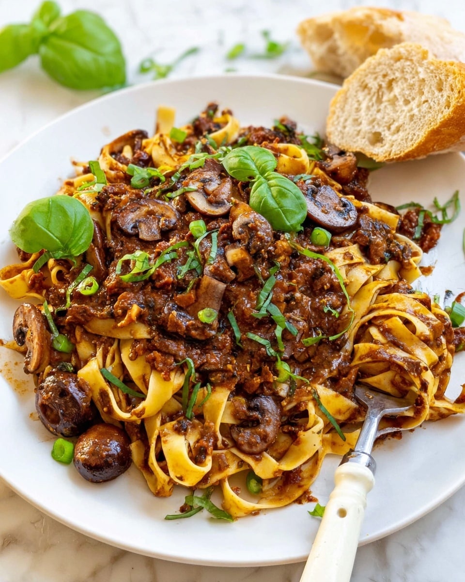 A white plate holds a serving of tagliatelle pasta mixed with a rich, dark brown meat sauce that has a slightly chunky texture. Scattered on top and around the pasta are whole sautéed mushrooms with a glossy brown color and fresh bright green basil leaves. Small pieces of chopped green onions are sprinkled over the dish. A silver fork with a white handle is placed on the edge of the plate, partly stuck in the pasta. Near the top right side of the plate, a piece of light brown crusty bread lies against the white marbled surface. Photo taken with an iphone --ar 4:5 --v 7