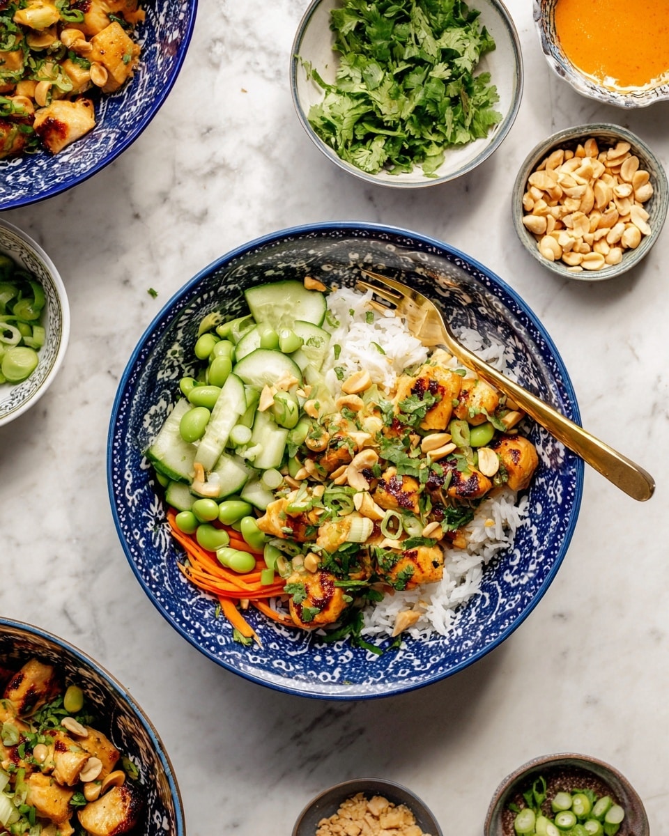 The image shows a blue bowl with a white floral pattern, filled with a colorful layered dish. At the bottom is a layer of white rice on the right side of the bowl, topped with golden-brown grilled chicken pieces sprinkled with green herbs and sliced green onions. Adjacent to the rice and chicken is a fresh, bright green vegetable mix including edamame, sliced cucumbers, and thin orange carrot strips, all topped with chopped peanuts and more green herbs. A golden fork rests inside the bowl on the right. Surrounding the main bowl on a white marbled surface are small dishes holding crushed peanuts, chopped green onions, green herbs, and an orange sauce. Photo taken with an iphone --ar 4:5 --v 7