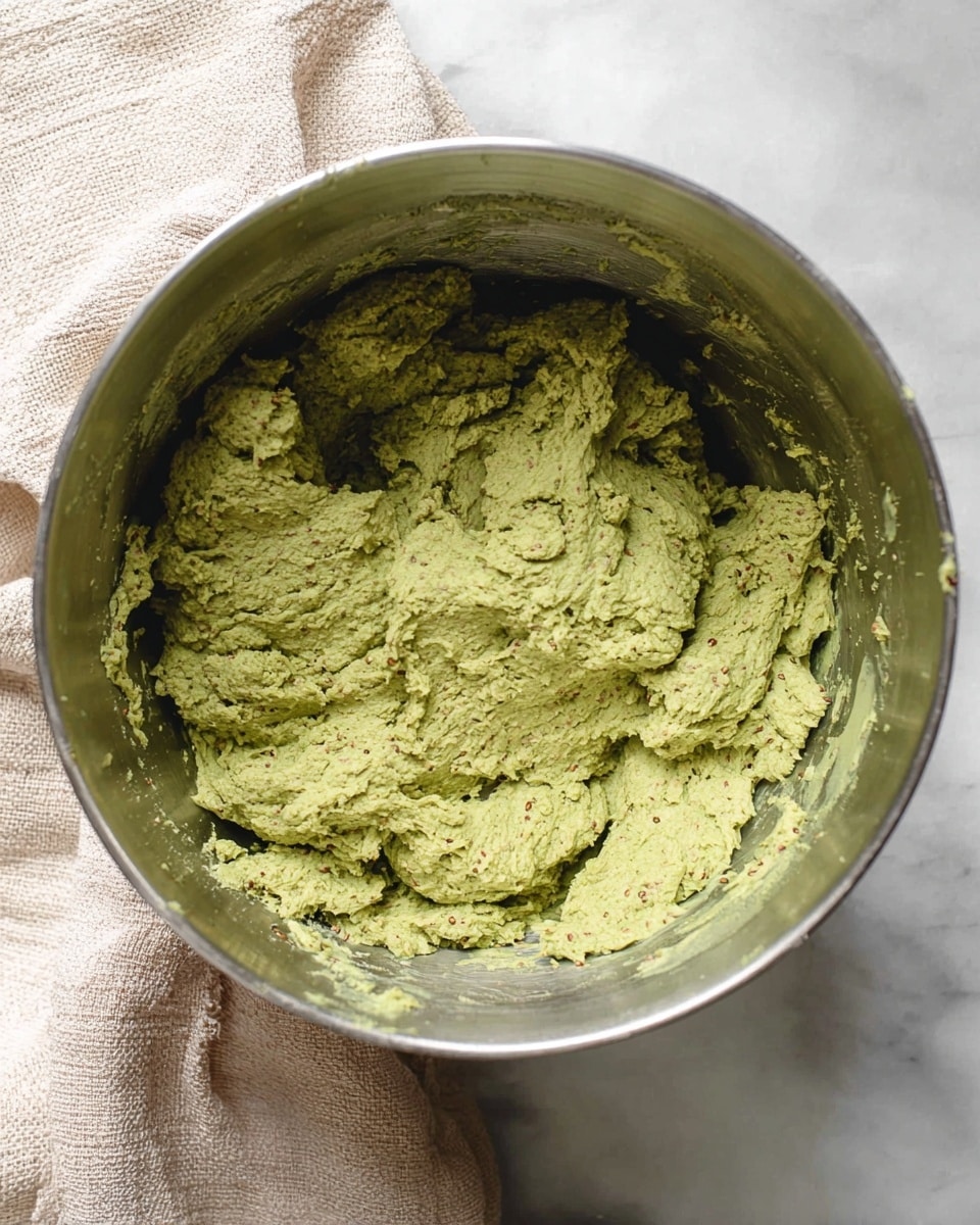 A close-up view of a steel mixing bowl filled with a single thick layer of green dough mixed with small brown seeds, having a rough and crumbly texture. The bowl sits on a white marbled surface with a soft beige cloth nearby. The dough is unevenly spread inside the bowl, showing some lumps and sticking to the sides. Photo taken with an iphone --ar 4:5 --v 7