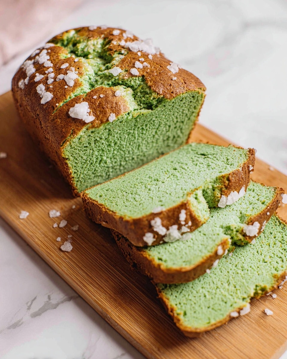 A loaf of green bread is sliced on a wooden board. The bread has a brown crust with white sugar crystals scattered on top. Inside, the bread is a bright green color with a soft, moist texture. The loaf is partially sliced into five thick pieces that lie flat, showing the even green crumb. The wooden board is placed on a white marbled surface, with some sugar crystals around it. photo taken with an iphone --ar 4:5 --v 7