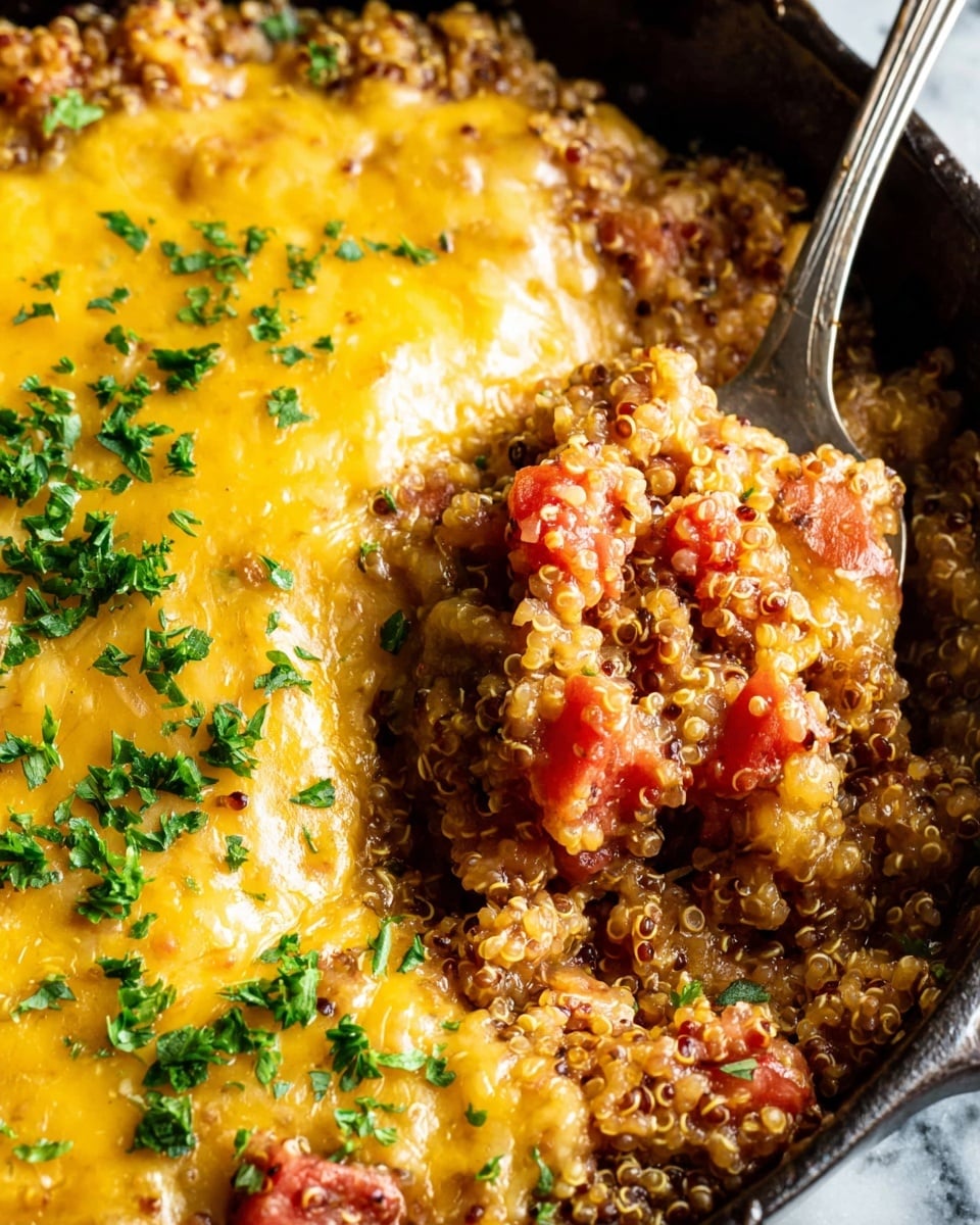 The dish is served in a black skillet with a white marbled surface underneath. It has two main layers: the bottom layer is a mix of small quinoa grains and chunks of red tomato, cooked into a light brown color with a moist texture. The top layer is a thick, melted yellow cheese covering half the dish, sprinkled with green chopped herbs. A silver spoon scoops a portion, showing the grainy quinoa with tomato pieces alongside the gooey cheese. photo taken with an iphone --ar 4:5 --v 7