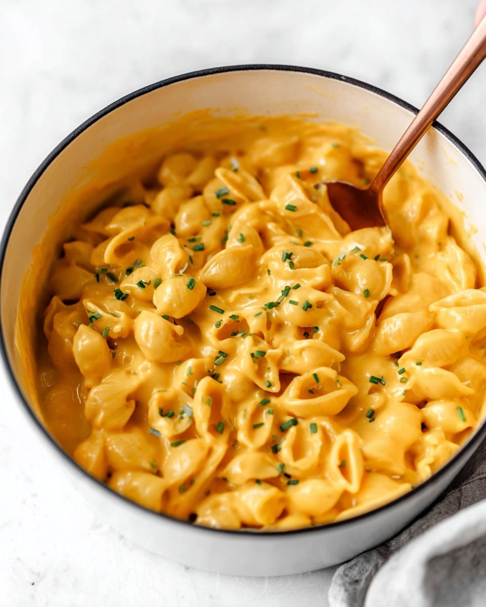 This image shows a close-up view of a white pot filled with creamy orange-colored macaroni and cheese. The pasta shells are thickly coated in smooth, rich cheese sauce, with small green chive pieces sprinkled on top, adding a touch of color. A copper spoon is inside the pot, partially submerged in the cheesy pasta, with a woman's hand holding it out of the frame. The pot sits on a white marbled surface, giving the scene a clean and bright look. photo taken with an iphone --ar 4:5 --v 7