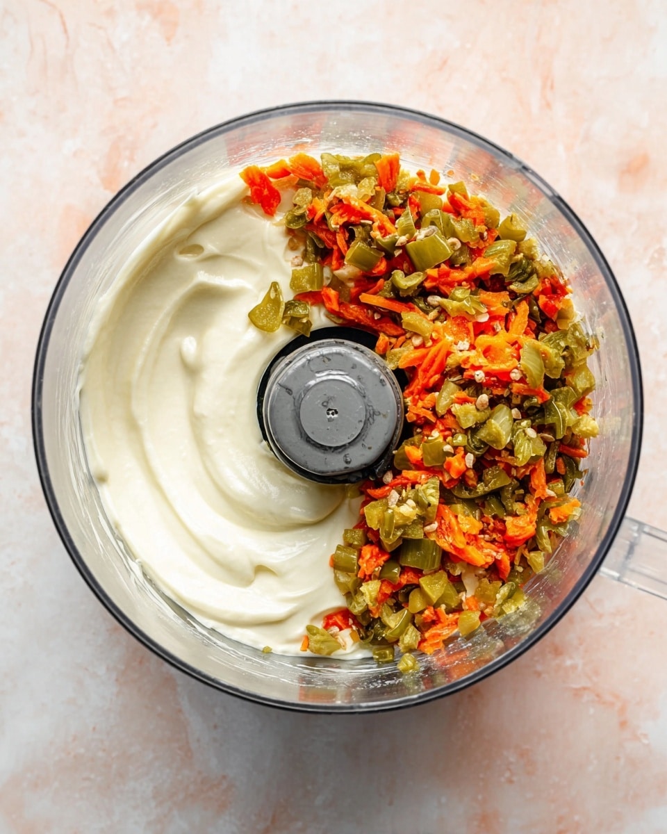 A top view of a clear food processor bowl containing two main layers: on one side, there is a smooth, thick, white creamy base, and on the other side, there is a colorful mix of small chopped vegetables including orange carrots, green peppers, and small bits of red pepper. The vegetables have a slightly shiny texture, indicating they may be pickled or cooked. The food processor sits on a white marbled surface. photo taken with an iphone --ar 4:5 --v 7