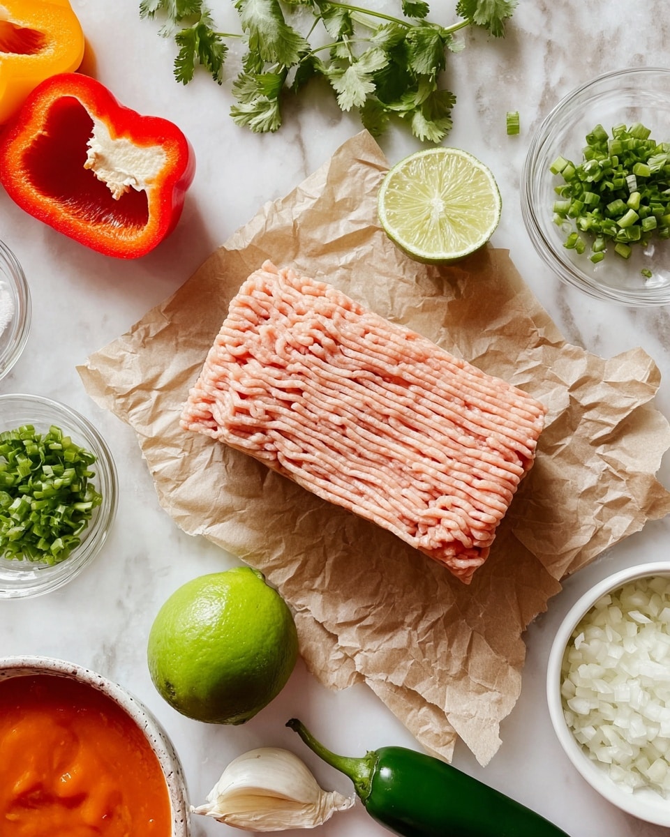 At the center, a rectangular block of pale pink ground meat with thin, soft ridges lies on crumpled brown parchment paper on a white marbled surface. Around it, fresh ingredients are placed: half a bright green lime at the bottom, a halved lime with a textured green surface near the top, and two halves of shiny red and orange bell peppers on the left and partially in a white bowl on the top right. Small glass bowls with finely chopped white onions and garlic are visible at the bottom right, while another bowl of finely chopped green herbs is at the top. A small pile of finely chopped green onions rests near the top, and a whole dark green jalapeño with a shiny skin is placed near some fresh cilantro leaves. To the left, a small glass bowl holds a smooth, red-orange sauce. photo taken with an iphone --ar 4:5 --v 7
