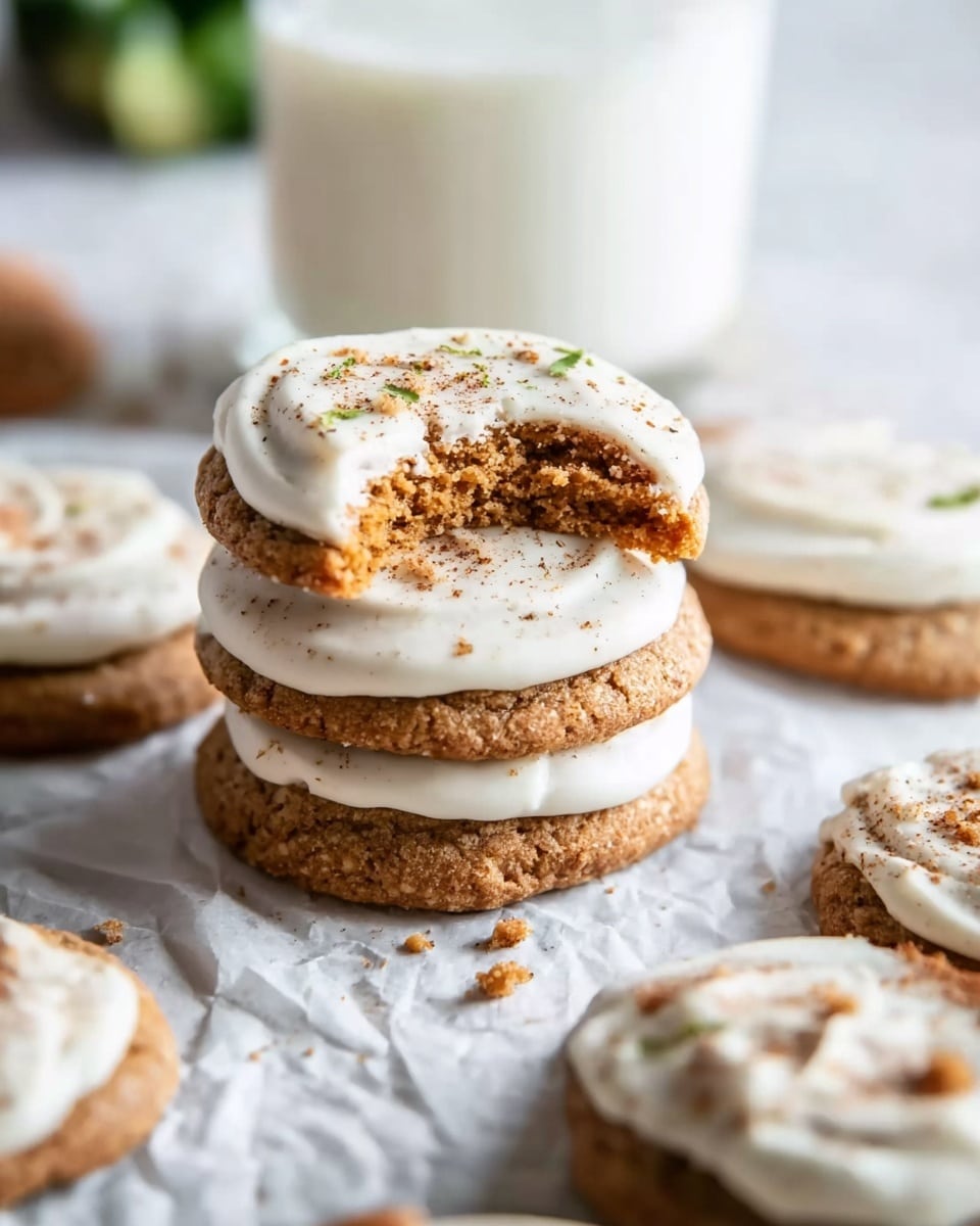 A small stack of three round cookies sits on a white marbled surface with a soft, thick layer of white frosting on each cookie. The top cookie has a bite taken out, showing a light brown, soft inside with crumbly texture. A light dusting of brown spice is sprinkled on the frosting, adding a gentle color contrast. Around the stack, more cookies are spread out on crinkled parchment paper, each also topped with white frosting and light spice dusting. In the background, a white glass filled with milk and a leafy green vegetable add subtle color. A woman's hand holding one cookie is partially visible. Photo taken with an iphone --ar 4:5 --v 7