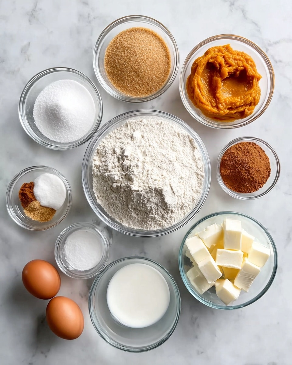The image shows nine clear glass bowls arranged neatly on a white marbled surface. In the center, a large bowl is filled with white flour. Surrounding it, from top middle and moving clockwise, there is a bowl with light brown sugar, a bowl of white granulated sugar, a small bowl of smooth orange pumpkin puree, a tiny bowl of brown ground spice, a bowl containing white solid cubes (likely butter or shortening), a bowl with white liquid, a small bowl of clear liquid, and two brown eggs placed directly on the surface near the flour bowl. The bowls and eggs are all evenly spaced, creating a clean and organized look. photo taken with an iphone --ar 4:5 --v 7