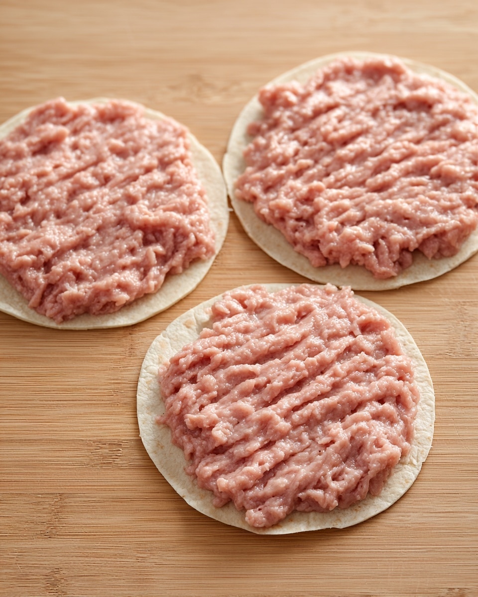 The image shows three round white tortillas laid flat on a light brown wooden surface. Each tortilla has an even layer of smooth, pale pink raw ground meat spread on top, covering most of the tortilla's surface but not reaching the edges. The meat has a slightly glossy texture with small visible ridges and variations, giving it a soft, moist look. The three tortillas are arranged in a loose triangular shape with some space between them. photo taken with an iphone --ar 4:5 --v 7
