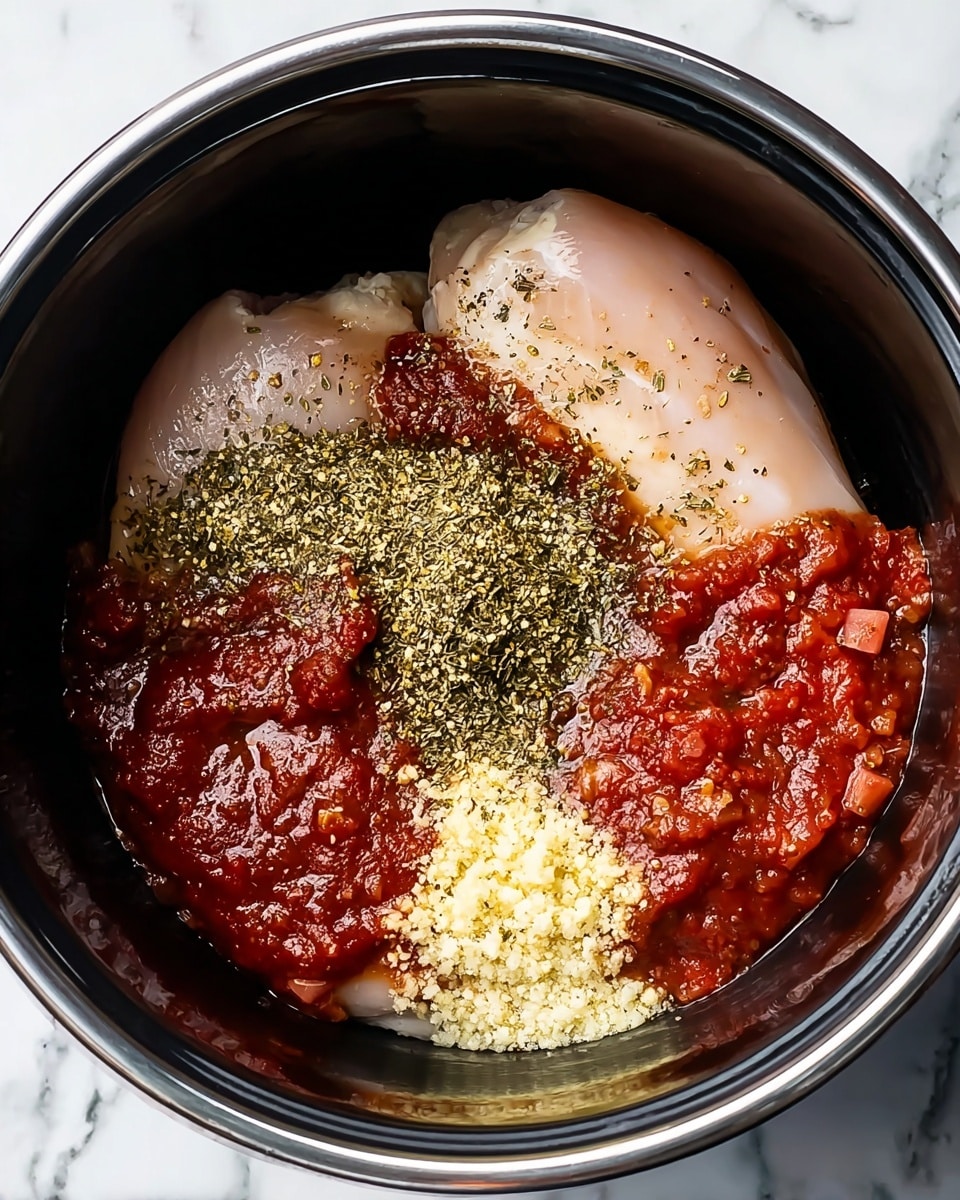 Inside a round black pot, two raw pale chicken fillets lie at the center. One side of the fillets is covered with a thick deep red sauce with herb speckles, while the other side is topped with chunky bright red tomato sauce. Next to the fillets, there is a textured yellow layer of minced garlic and a sprinkling of dry green herbs. The pot sits on a white marbled surface. Photo taken with an iphone --ar 4:5 --v 7