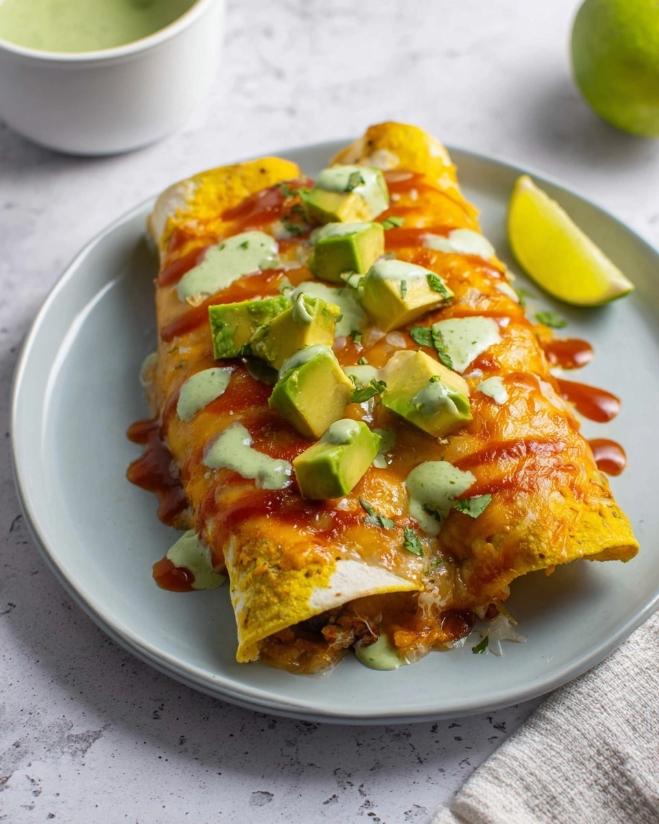 Two enchiladas sit side by side on a white plate with a white marbled texture surface underneath. The bottom layer is a soft yellow tortilla filled with ingredients not fully visible. A melted layer of orange and white cheese covers the enchiladas, with a drizzled reddish-brown sauce adding contrast on top. Scattered chunks of bright green avocado are placed on top along with light green creamy sauce dots adding texture and color. In the background, a white bowl holds more green sauce, and a halved lime rests nearby. Photo taken with an iphone --ar 4:5 --v 7