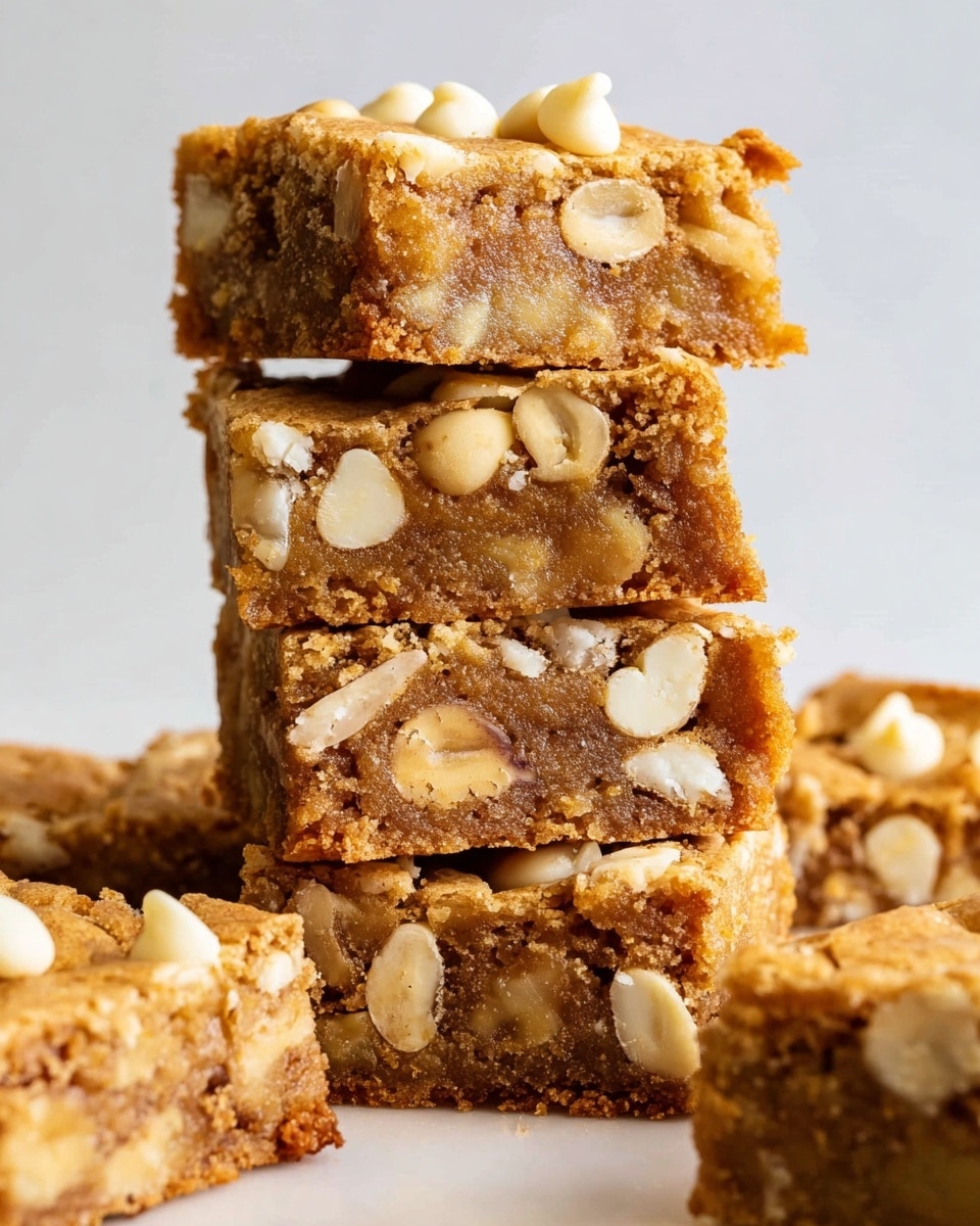 The image shows a close-up of several stacked blondie bars. The stack has four visible layers of thick, square blondies, each with a golden-brown color and filled with scattered pieces of nuts that create a rough texture. Some white chocolate chips are present, mostly on the top layer, adding small rounded shapes and a creamy yellowish color. The blondies have a slightly cracked surface, showing a dense and chewy interior. The background is a clean white marbled texture. photo taken with an iphone --ar 4:5 --v 7