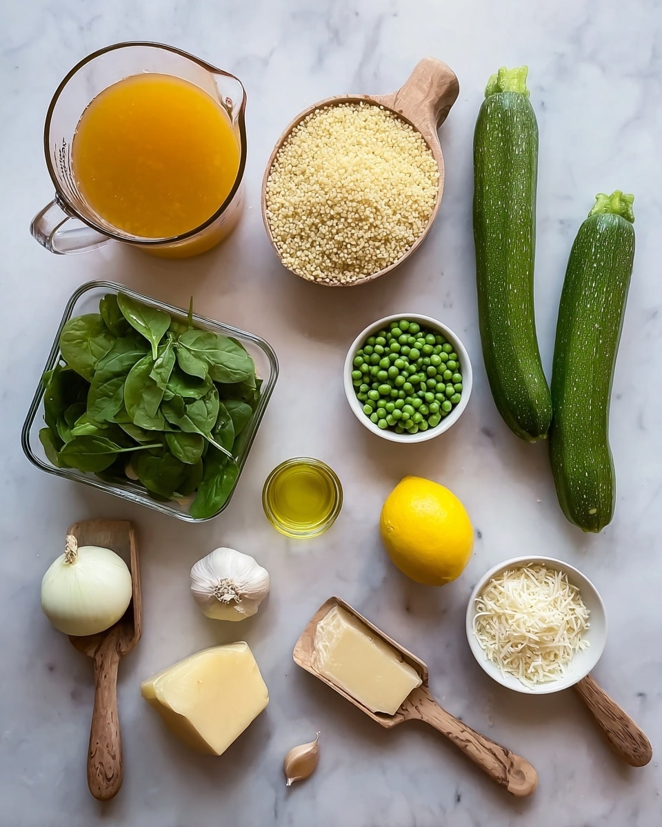 The image shows a white marbled surface with several cooking ingredients neatly arranged. There is a clear glass measuring cup filled with orange broth at the top left. Next to it, a wooden-handled scoop holds uncooked rice with a pale yellow color. To the right, two whole green zucchinis lie side by side. A second wooden-handled scoop holds green peas on the top right. Below, there is a clear plastic container filled with fresh green spinach leaves. Near the center, there are two peeled garlic cloves, a small white onion, and a bright yellow lemon placed close together. A small glass cup with golden olive oil sits nearby. At the bottom right, a white bowl holds finely shredded white cheese. A wooden-handled scoop at the bottom center has a pale yellow chunk of butter. All items are spaced evenly on the surface, giving a clean and organized look. photo taken with an iphone --ar 4:5 --v 7