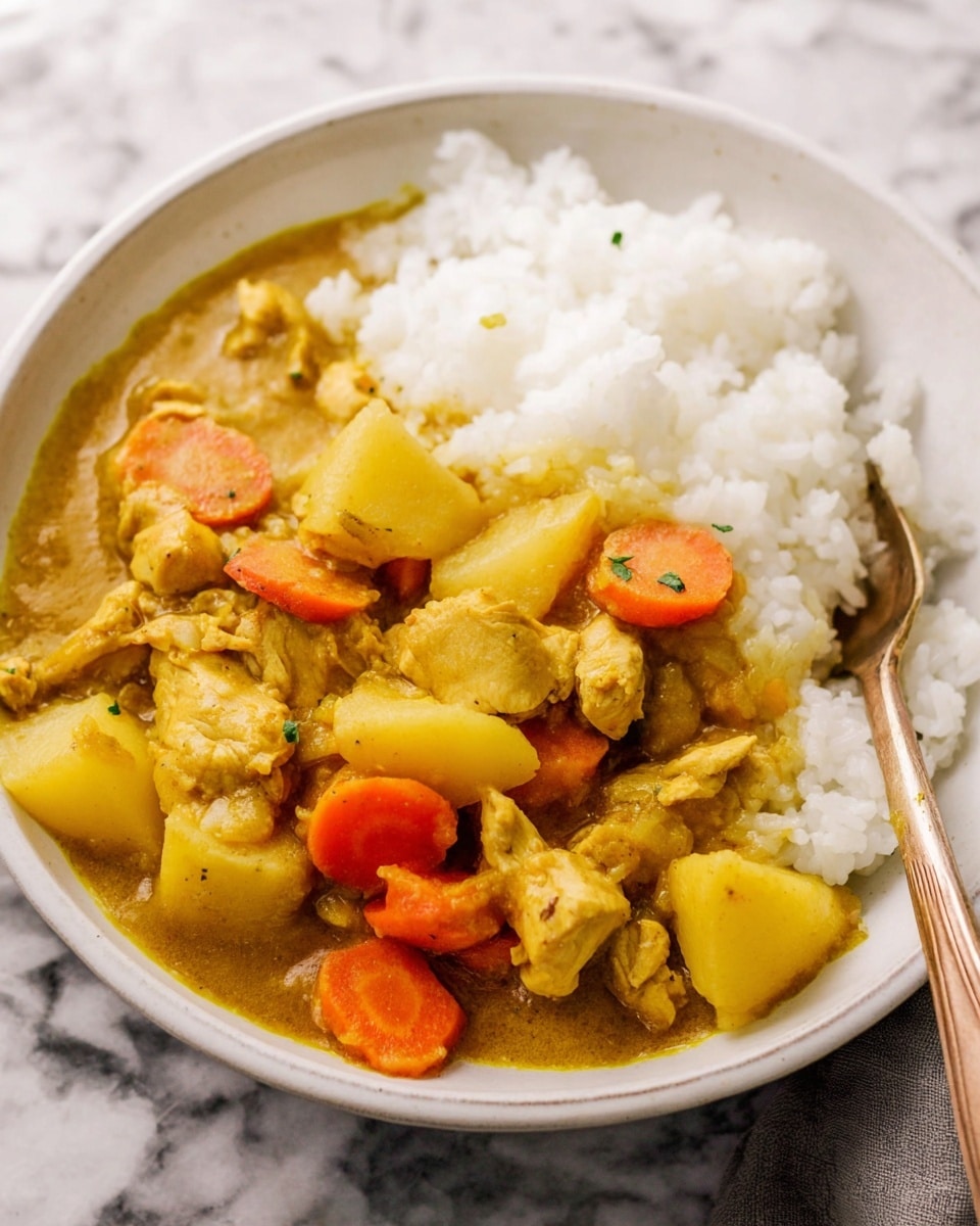 A white bowl filled with two main layers is shown on a white marbled surface. One layer is white cooked rice positioned on one side of the bowl, soft and fluffy in texture. The top layer is a thick golden curry with chunks of tender chicken, orange carrot slices, and light yellow potato pieces spread over and mixed in with the curry sauce. A fork rests in the bowl partly touching the curry layer. The overall colors are warm with the golden curry contrasting the white rice and bowl. photo taken with an iphone --ar 4:5 --v 7