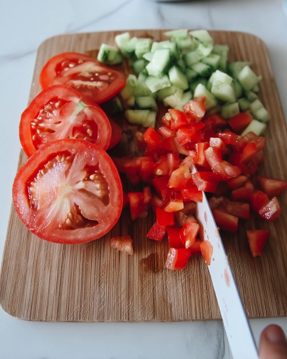 The image shows a wooden cutting board on a white marbled surface with sliced and chopped vegetables on it. There are three slices of red tomato with visible seeds on the left side, diced red tomato pieces in the middle to right side, and chopped green cucumber pieces in the background. A woman's hand with a white knife is seen on the right side, cutting the diced tomato on the board. The lighting is soft and natural, showing the fresh, moist texture of the vegetables. photo taken with an iphone --ar 4:5 --v 7