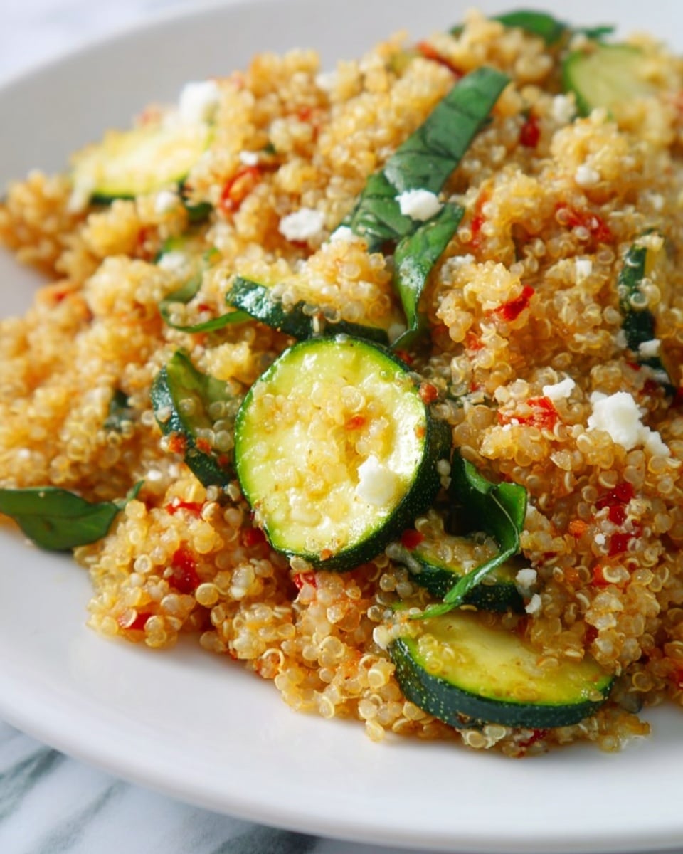 The dish shows a close-up of a quinoa salad on a white plate, set on a white marbled surface. It has two main layers: the base is fluffy, light brown quinoa mixed with small pieces of red and green vegetables, giving a slightly grainy texture. Scattered throughout the quinoa are medium-sized slices of green zucchini with soft, light yellow centers. Fresh green leaves are mixed inside as well, adding depth and color contrast. Tiny white crumbs of cheese are sprinkled on top, creating small spots of bright white that stand out against the warm tones below. photo taken with an iphone --ar 4:5 --v 7