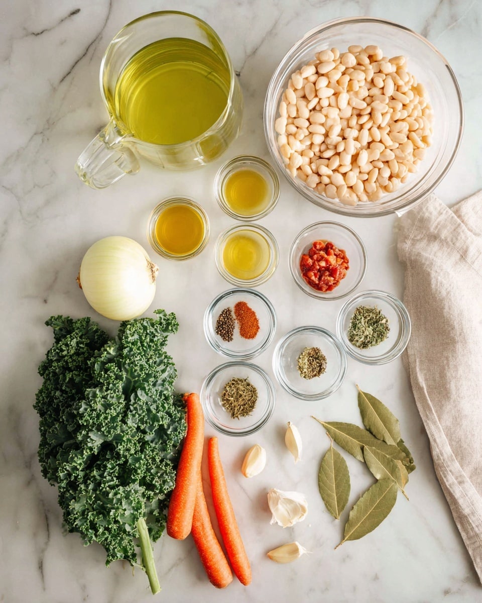 A top-down view of a white marbled surface with fresh cooking ingredients neatly arranged. At the top right, a clear glass bowl is filled with light beige beans, and just below it, a clear pitcher holds a yellow-green liquid. To the left, there are three small clear glass bowls containing golden liquid, a pale yellow liquid, and bright red paste, respectively. In the center, a whole white onion is placed above a row of six small glass bowls each holding different dried herbs and spices in shades of green, red, and brown. On the bottom left, two orange carrots, one green celery stalk, and a large bunch of fresh curly kale leaves are spread out. To the right of the vegetables, there are three peeled garlic cloves along with two bay leaves. A folded beige cloth is slightly visible in the bottom right corner. Photo taken with an iphone --ar 4:5 --v 7