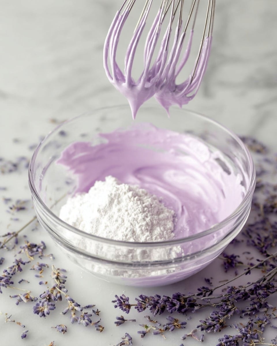 A clear glass bowl contains a smooth light purple cream on one side and a mound of white powdered sugar on the other side. Two metal beaters coated with the same light purple cream hang above the bowl, dripping slightly. The bowl sits on a white marbled surface scattered with dried lavender sprigs around it, giving a soft, natural touch to the scene. photo taken with an iphone --ar 4:5 --v 7