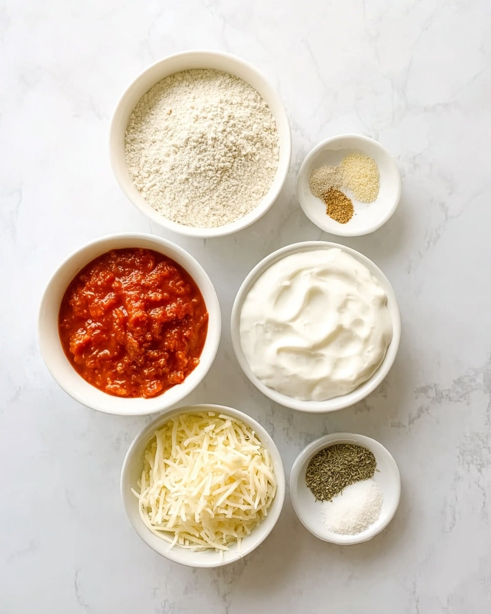 The image shows five white bowls arranged in a loose cluster on a white marbled surface. The top left bowl is filled with a light beige powder, likely flour, with a rough texture. Next to it on the right is a bowl full of smooth, thick white cream or yogurt. Below these, the center-left bowl contains a chunky red sauce, likely tomato-based, with visible pieces giving it texture. To its immediate right, a smaller white bowl holds three piles of dry spices: a light yellow powder, a white granulated powder, and a small amount of green dried herbs. At the bottom center is a bowl of shredded pale yellow cheese with a soft and stringy texture. All bowls are clean and simple, emphasizing the different colors and textures against the white marbled background. Photo taken with an iphone --ar 4:5 --v 7
