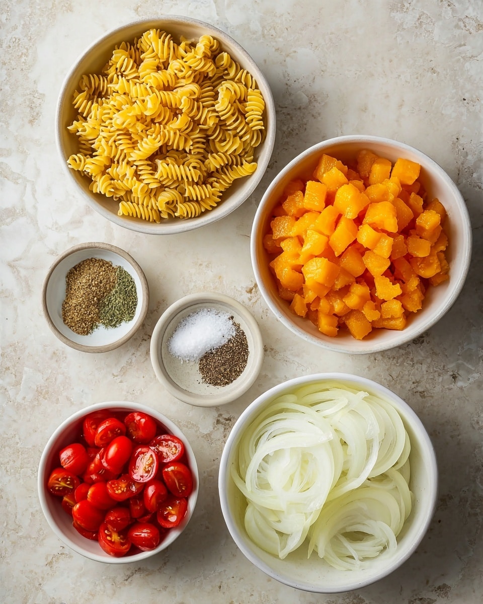 Five white bowls sit on a white marbled surface, each holding different ingredients. The top left bowl is full of tight yellow spiraled pasta. To the right, a white bowl holds bright orange diced frozen chunks with a frosty texture. Below, a smaller white bowl contains three piles of spices: white salt, dark ground pepper, and green dried herbs. At the bottom left, a white bowl holds red cherry tomatoes, halved to show their juicy interior. On the bottom right, a white bowl is filled with thinly sliced semi-transparent white onions with a slight hint of yellow. Photo taken with an iphone --ar 4:5 --v 7