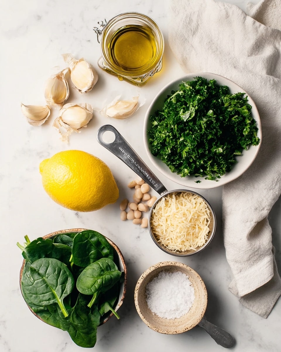 The image shows a flat lay of cooking ingredients arranged on a white marbled surface with a soft white cloth to the right. At the top left, there is a small glass jar filled with golden olive oil next to three peeled garlic cloves. Below, a white bowl is filled with bright green parsley leaves, full and fresh. To the right of it, a metal measuring cup contains small white beans. Below the parsley bowl, there is a small white bowl of grated cheese texturally fine and pale yellow. In the center of the arrangement, a whole yellow lemon adds a pop of color. At the bottom left, another metal measuring cup holds fresh dark green spinach leaves. Lastly, a small rustic beige bowl at the bottom right contains coarse white salt. photo taken with an iphone --ar 4:5 --v 7
