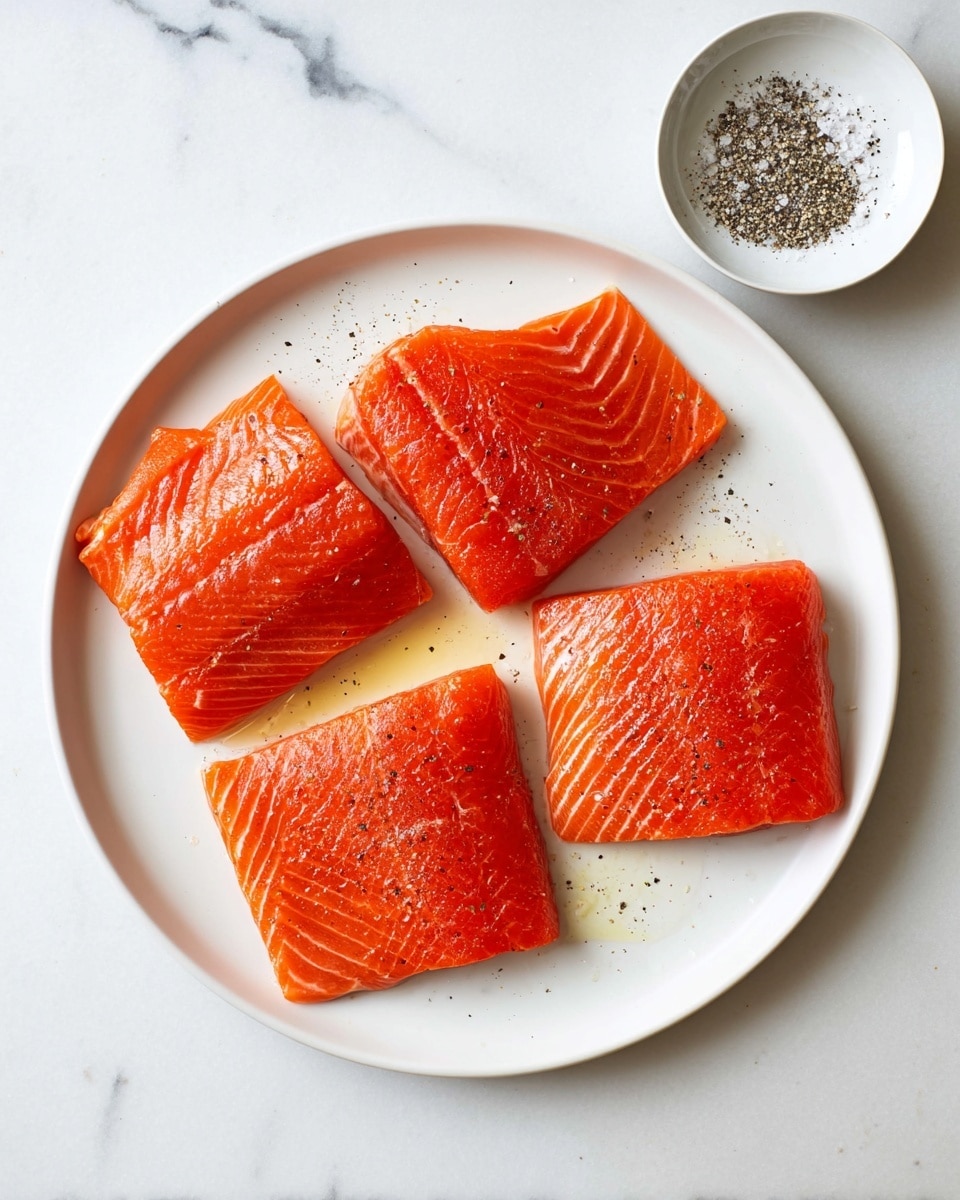 A white round plate holds four pieces of bright orange salmon fillets arranged in a square pattern, each fillet showing smooth, glossy texture with visible salmon muscle lines. The fillets are seasoned with small black pepper flakes scattered on top, and a light drizzle of oil adds a slight shine. To the upper right of the plate, a small white bowl contains a mix of coarse salt and cracked black pepper, resting on a white marbled surface. Photo taken with an iphone --ar 4:5 --v 7