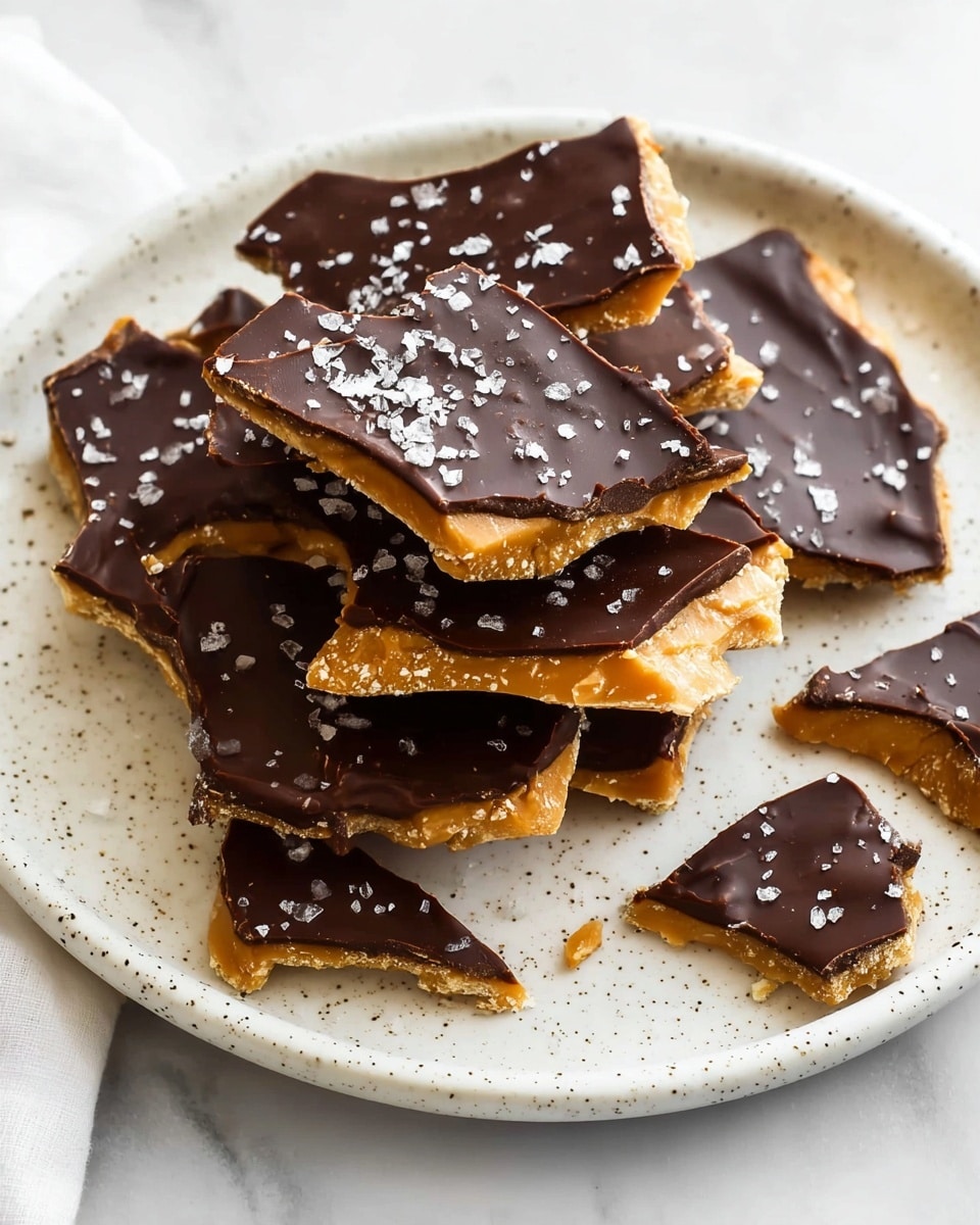 The image shows pieces of chocolate toffee bark stacked on a white speckled plate with a white marbled background. Each piece has three layers: a golden-brown crunchy toffee base at the bottom, a thin layer of shiny dark chocolate on top, and a sprinkle of coarse sea salt scattered over the chocolate. The pieces are irregularly shaped and some are broken into smaller bits around the plate. Photo taken with an iphone --ar 4:5 --v 7