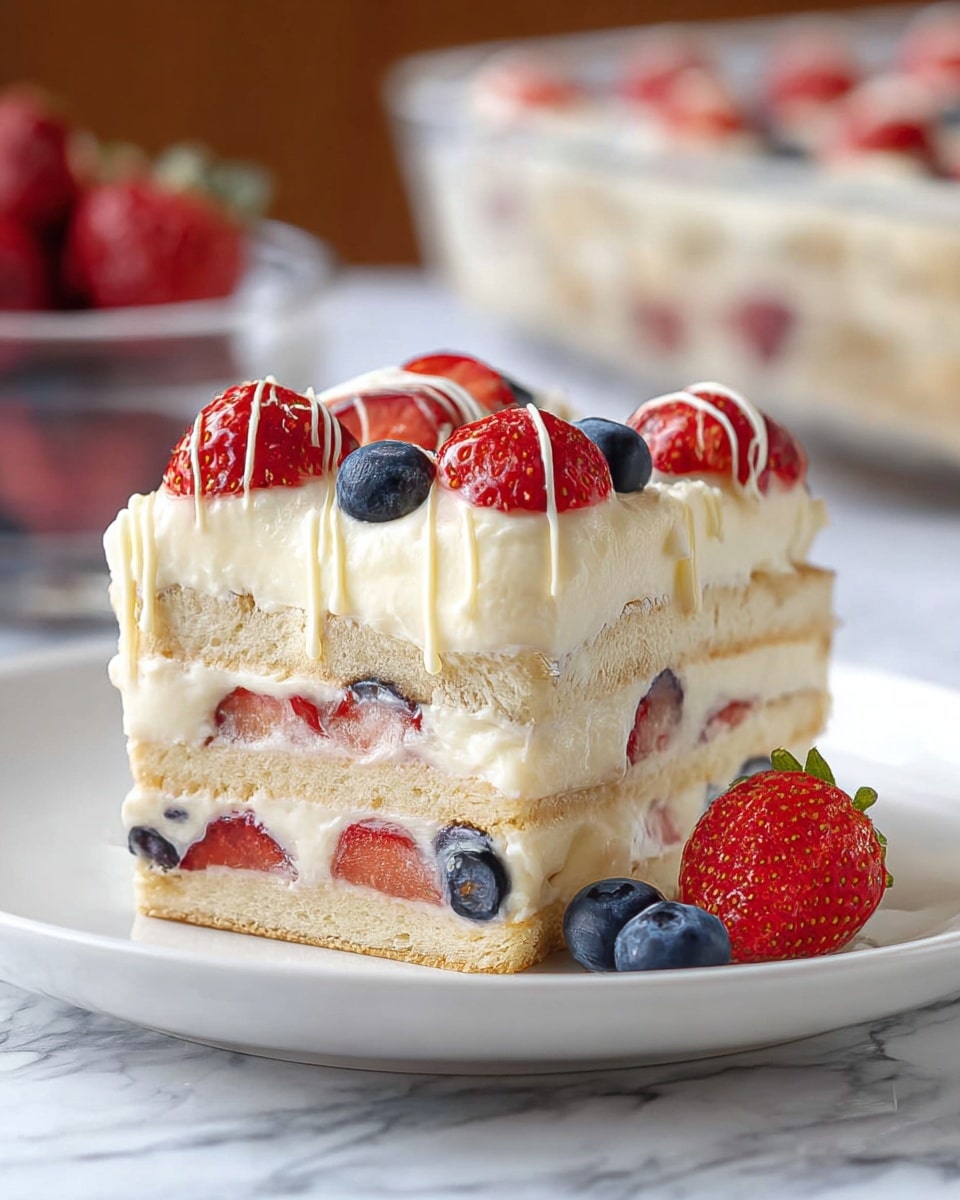A slice of layered dessert with three visible layers of light beige biscuit and creamy white filling with pieces of red strawberries and blue blueberries inside. The top layer is covered with creamy white frosting, decorated with halved red strawberries and whole blueberries, drizzled with thin lines of white icing. The slice sits on a white plate with a white marbled surface background. A whole strawberry and two blueberries are placed at the base of the slice. In the blurred background, a glass dish of the dessert is visible. Photo taken with an iphone --ar 4:5 --v 7