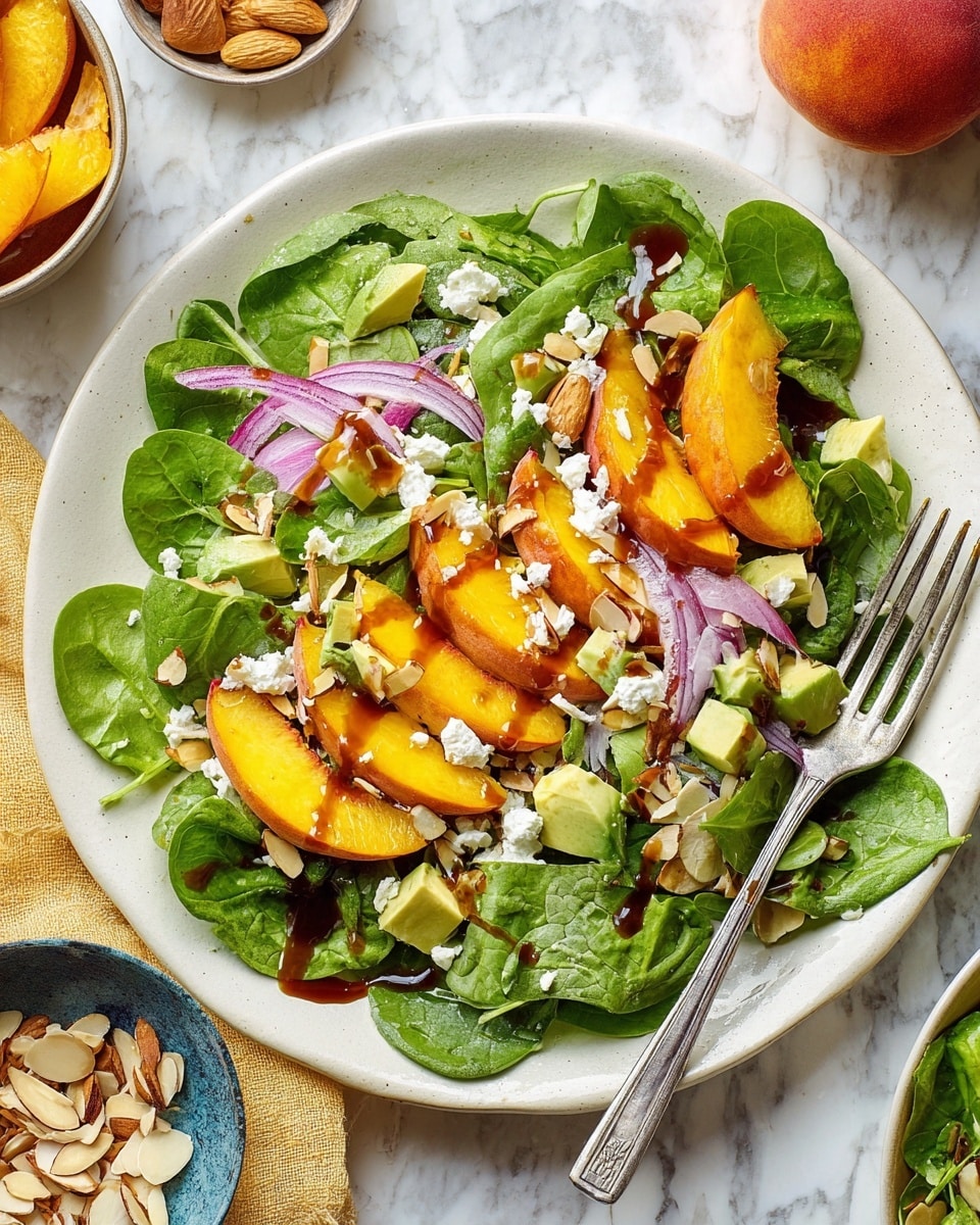 A white plate holds a fresh salad with three main layers: a base of bright green spinach leaves, a middle layer of sliced yellow and orange peach wedges scattered evenly, and a top layer of thin red onion slices, small cubes of light green avocado, white crumbled cheese, and toasted almond slices. The salad is drizzled with a dark brown dressing, adding a shiny texture. A silver fork rests on the right side of the plate, and the background is a white marbled surface with a whole peach and small bowls of almonds and cheese in soft focus around the plate. Photo taken with an iphone --ar 4:5 --v 7