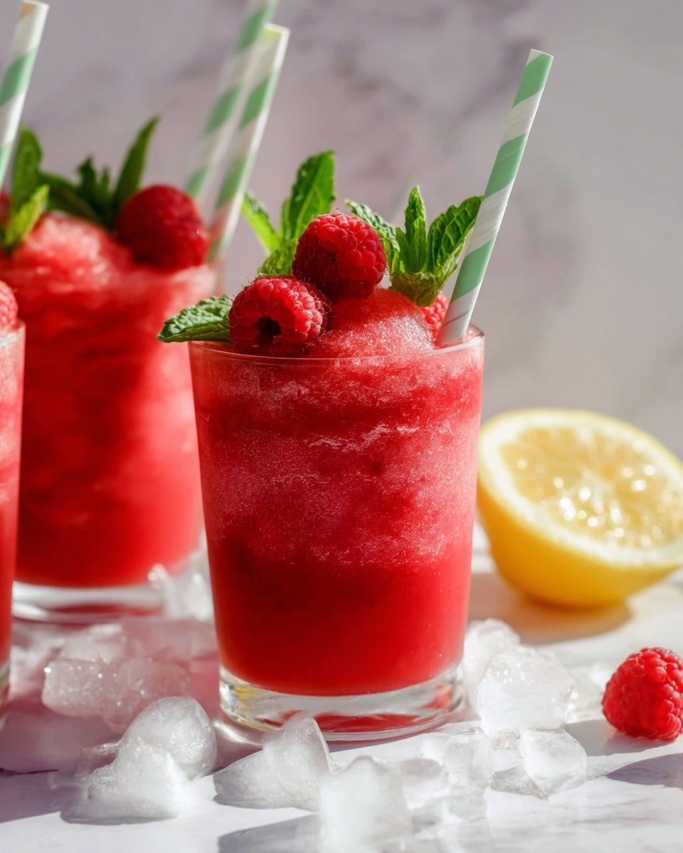 The image shows three short clear glasses filled with a bright red frozen drink. Each glass has two layers: the bottom layer is a smooth red liquid, and the top layer is a slushy, icy red texture that rises slightly above the rim. The drinks are topped with fresh raspberries and bright green mint leaves. A white and green striped straw is placed in each glass, with one glass having a woman's hand holding the straw. Around the glasses, there are some scattered ice cubes and raspberries, and a large half lemon is visible on the bottom right on a white marbled surface. The background is bright and softly lit with a white marbled texture. photo taken with an iphone --ar 4:5 --v 7
