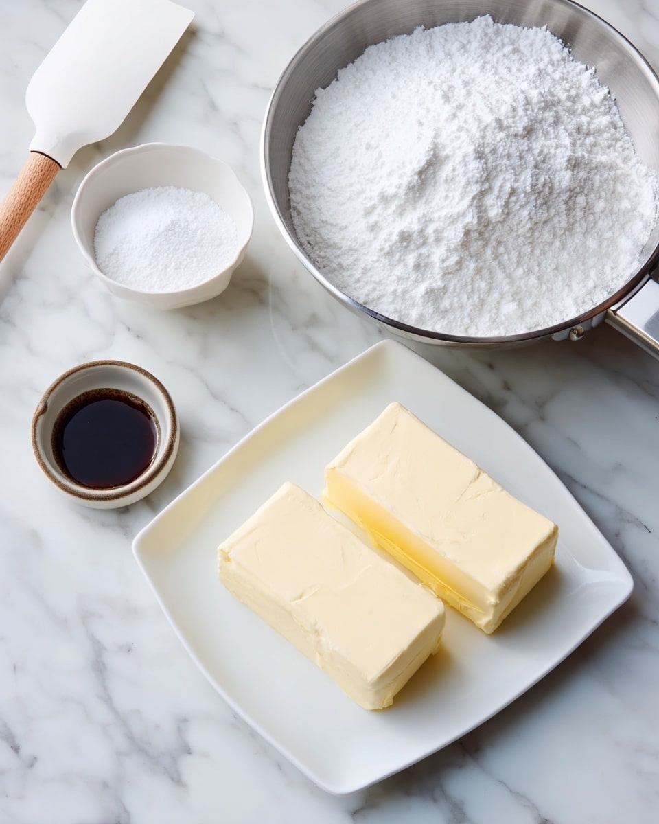 The image shows a white plate on a white marbled surface with a block of cream cheese and two square slices of butter placed side by side on the plate. Next to the plate is a large white bowl filled with fine white powdered sugar. Below the plate is a small white bowl containing a small amount of dark vanilla bean paste. In the upper left corner, a white spatula with a wooden handle rests on the surface. Part of a shiny silver pan is visible on the right side of the frame. photo taken with an iphone --ar 4:5 --v 7