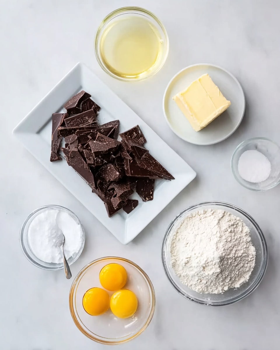 A white rectangular plate is placed in the center on a white marbled surface, holding several unevenly broken pieces of dark chocolate with a rough texture. Around the plate, arranged in a loose circle, are small clear glass bowls containing ingredients: at the top, a bowl with a pale yellow liquid and a small square piece of butter on a white dish; to the right, a bowl filled with white flour; below that, a bowl with two cracked raw eggs showing bright yellow yolks; at the bottom left, a bowl with white granulated sugar; and the last bowl, to the left, contains white powdered sugar with a small spoon resting inside. The overall scene is clean and bright. photo taken with an iphone --ar 4:5 --v 7