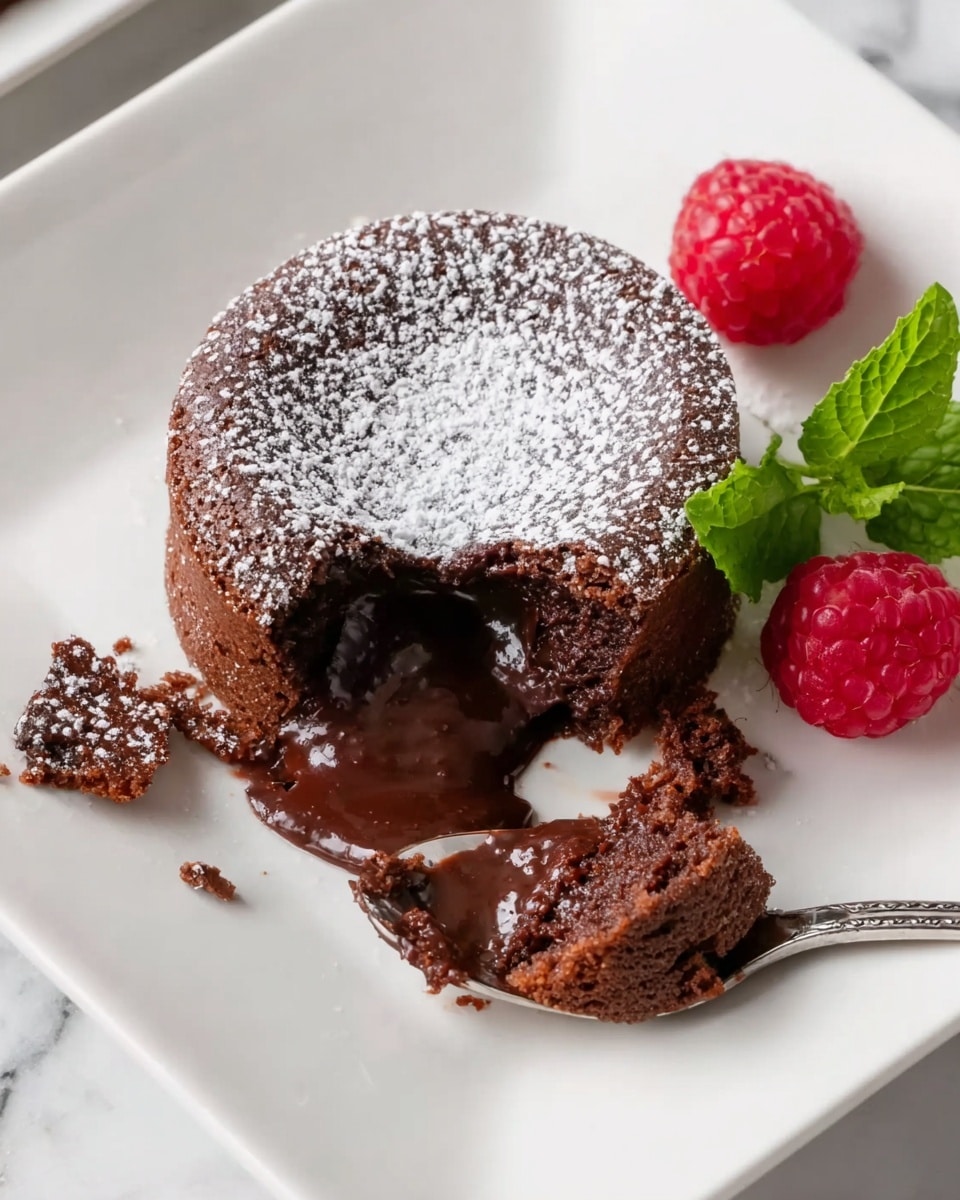 The image shows a chocolate cake with a soft, melted chocolate center that is broken open on a white square plate. The cake has a lightly browned outer layer dusted with powdered sugar, creating a white speckled top. Next to the cake, there are a few fresh red raspberries and a bright green mint leaf. The plate is set on a white marbled surface. A spoon with a piece of the chocolate cake and melted chocolate is placed beside the cake, emphasizing its rich texture. Photo taken with an iphone --ar 4:5 --v 7