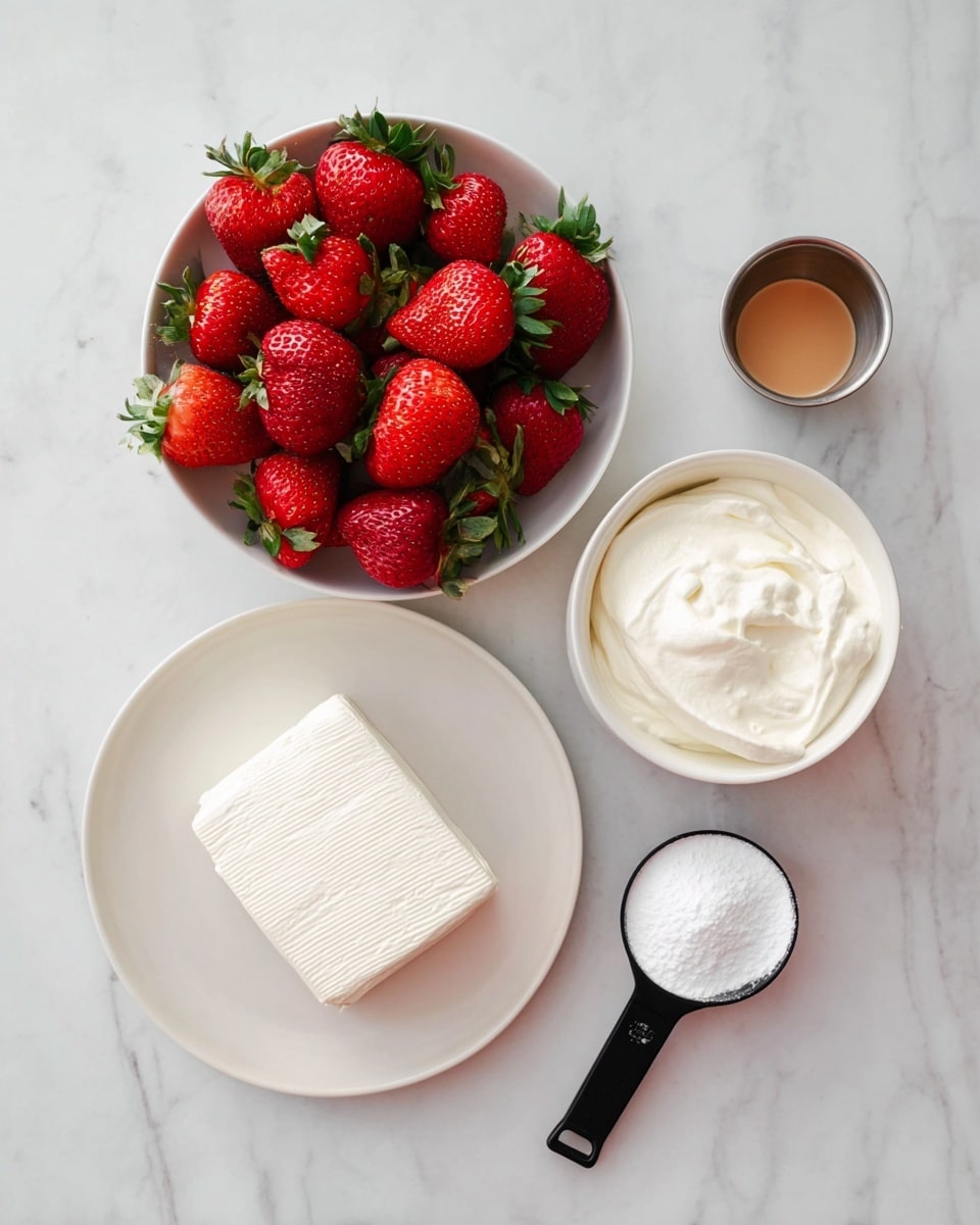 The image shows five items arranged on a white marbled surface. At the top left, there is a white bowl filled with bright red strawberries with green leaves, each strawberry slightly different in shape. Below it to the left is a white round plate holding a block of white, smooth cream cheese. To the right of the plate, there is a white bowl filled with thick, creamy white whipped cream. Above this bowl, to the top right, there is a small metal cup containing a small amount of light brown liquid. Below the bowl of whipped cream, at the bottom right corner, there is a black measuring spoon filled with white powdered sugar. All the items are spaced apart evenly. Photo taken with an iphone --ar 4:5 --v 7