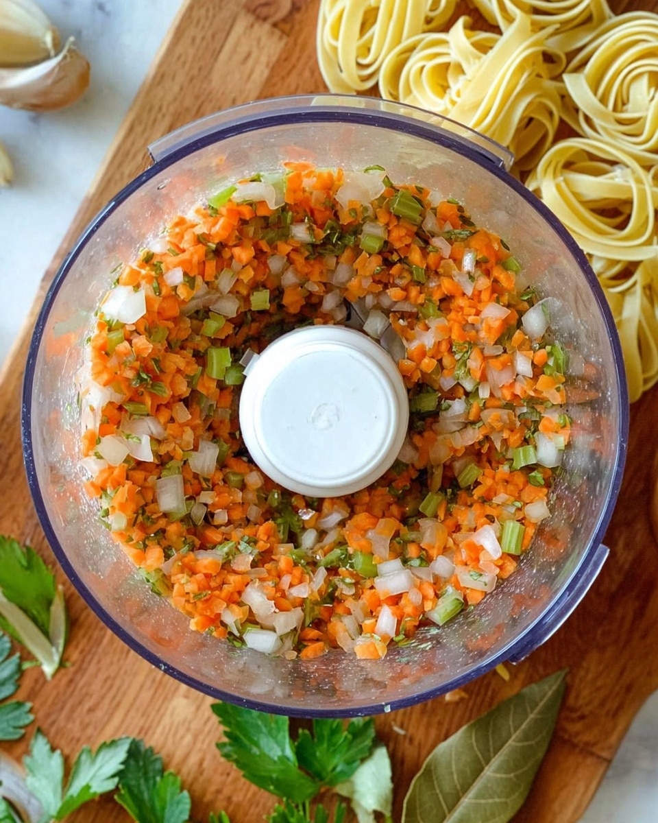A transparent food processor bowl filled with finely chopped vegetables in one layer. The ingredients include small orange carrot pieces, white onion bits, and green celery, all mixed evenly around the base and sides of the bowl, showing a rough texture. The white blade of the processor is centered and visible above the ingredients. Around the bowl, there are three nests of rolled pale yellow pasta on the top right corner, fresh green parsley leaves at the bottom left, and two dried bay leaves near the bottom center, all placed on a wooden surface that would appear as white marbled texture. The photo is taken with an iphone --ar 4:5 --v 7