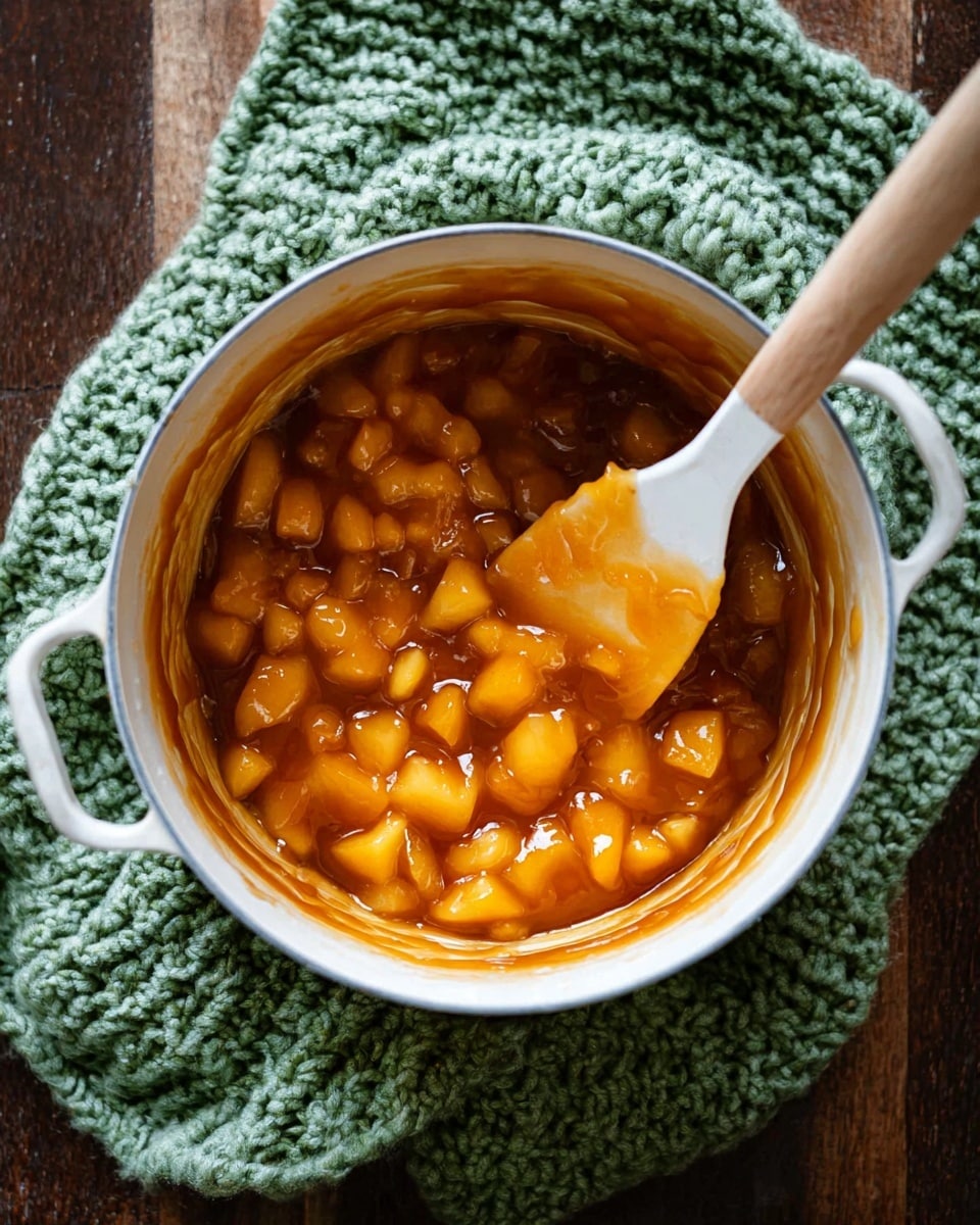 A white pot filled with a thick mix of small, soft, light orange and pale yellow fruit pieces in sticky, glossy syrup. The syrup coats the inside of the pot, showing streaks of the same orange color. A white spatula rests inside, partly covered in the syrup, with some fruit pieces on it. The pot sits on a textured green knitted cloth, with a rough dark brown wooden surface under it. photo taken with an iphone --ar 4:5 --v 7