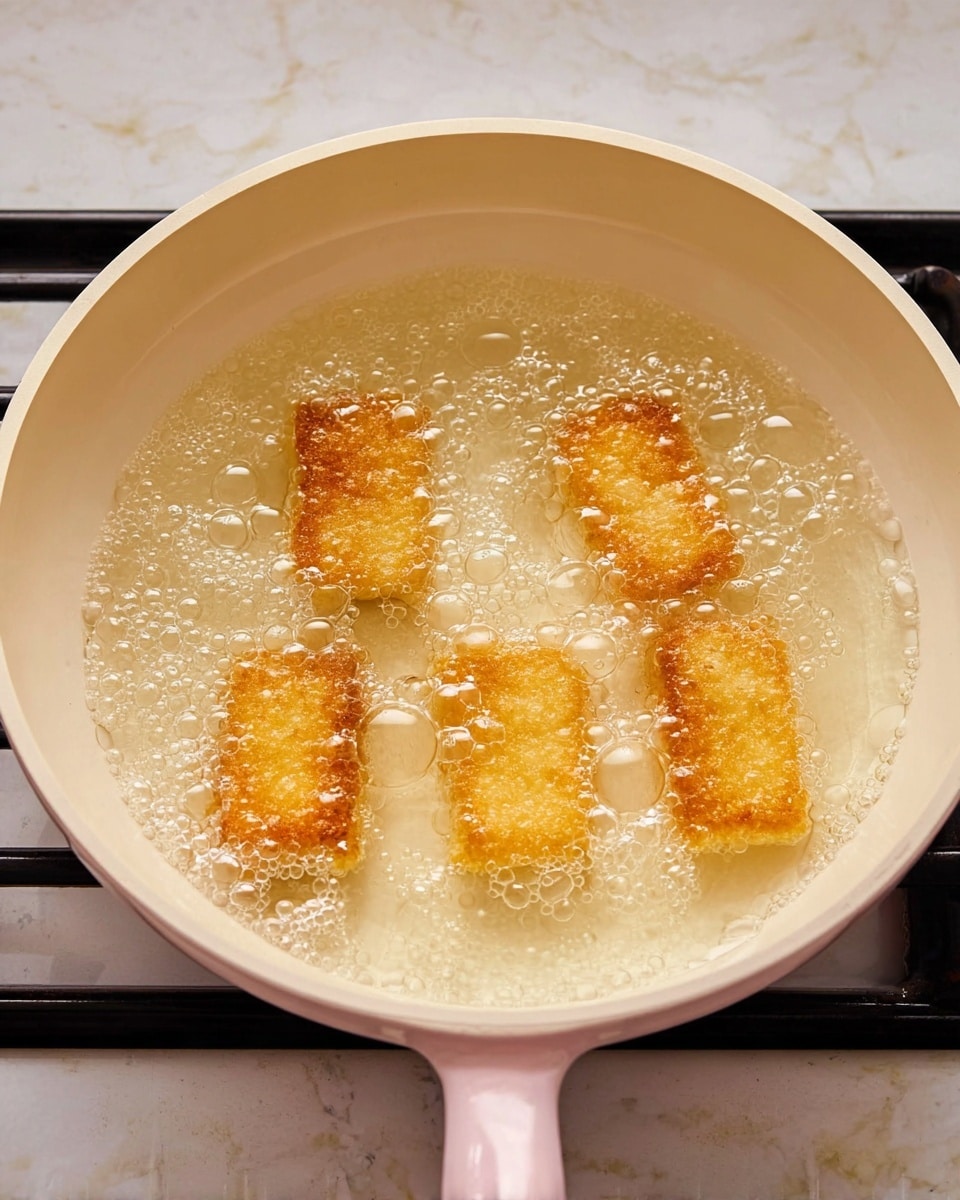A white frying pan on a stove with four small golden rectangular pieces frying in clear hot oil. The pieces are partially submerged, showing a crispy texture on top with bubbles forming around them as they cook. The frying pan has soft pink sides and a light cream handle. The background and surface under the pan are a white marbled texture photo taken with an iphone --ar 4:5 --v 7