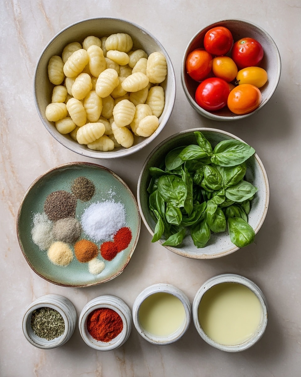 A top view of several small bowls on a white marbled surface, with the largest bowl on the top left filled with pale yellow uncooked gnocchi, and a slightly smaller bowl on the top right holding red, orange, and yellow cherry tomatoes. Below them, a medium white bowl contains fresh green basil leaves. To the left, a small plate shows an arrangement of different spices in separate sections including paprika, salt, pepper, dried herbs, and powdered powders in light brown and beige tones. There are four more small bowls aligned at the bottom, filled with liquids in white, pale yellow, and green colors. photo taken with an iphone --ar 4:5 --v 7