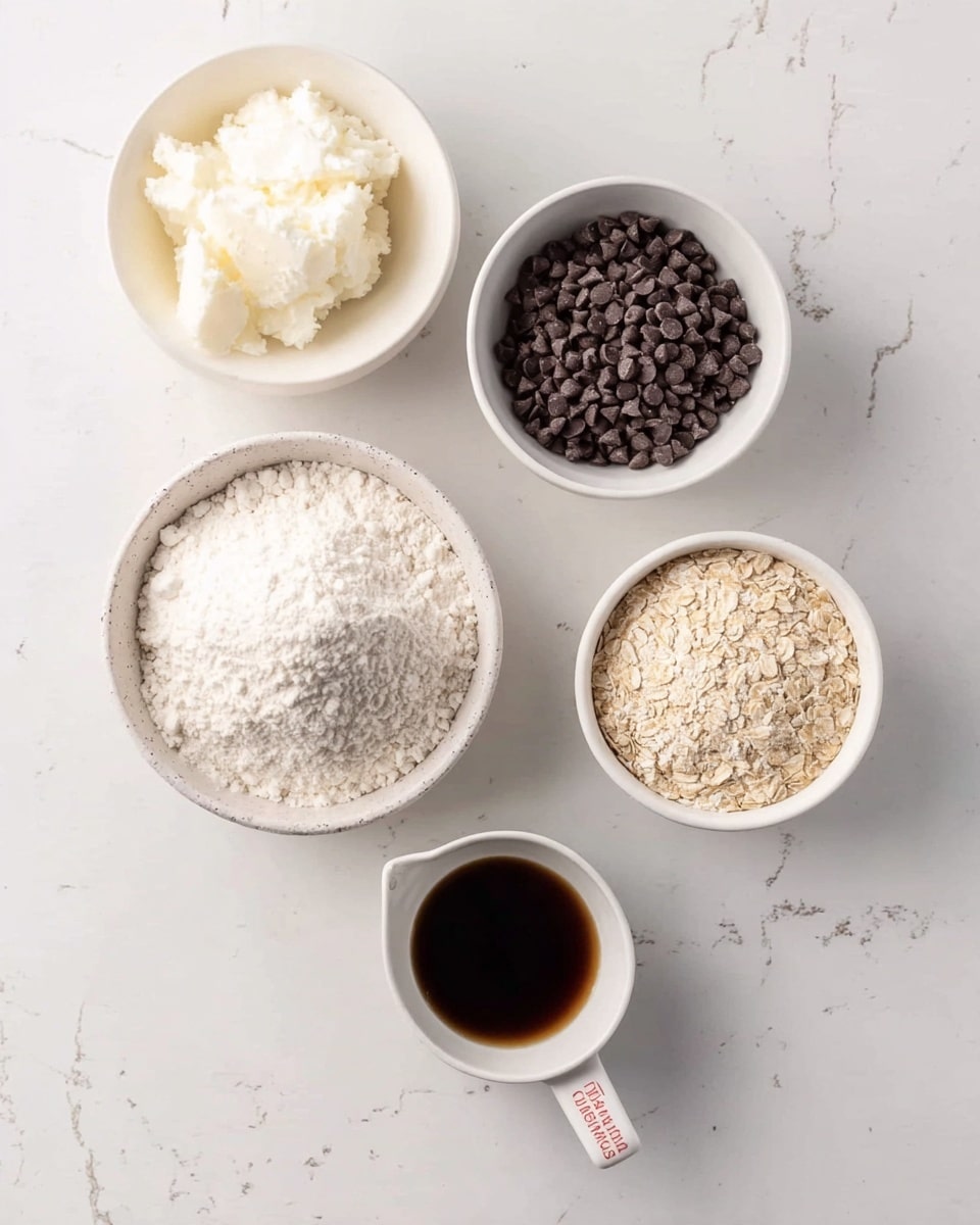 The image shows five bowls with different ingredients arranged on a white marbled surface. The top left bowl is white and filled with a white, soft substance that looks like solid fat or shortening. Below it to the left is a white bowl filled with a white powdery ingredient, likely flour, with a rough texture. To the right of the white bowl is a white bowl filled with small, dark chocolate chips. Below these bowls, at the bottom center, is a small white bowl with a dark liquid, possibly vanilla extract. To the right of the dark liquid bowl is a white measuring cup filled with a light tan, coarse powder, possibly oats or almond flour. The arrangement is neat with good lighting. Photo taken with an iphone --ar 4:5 --v 7